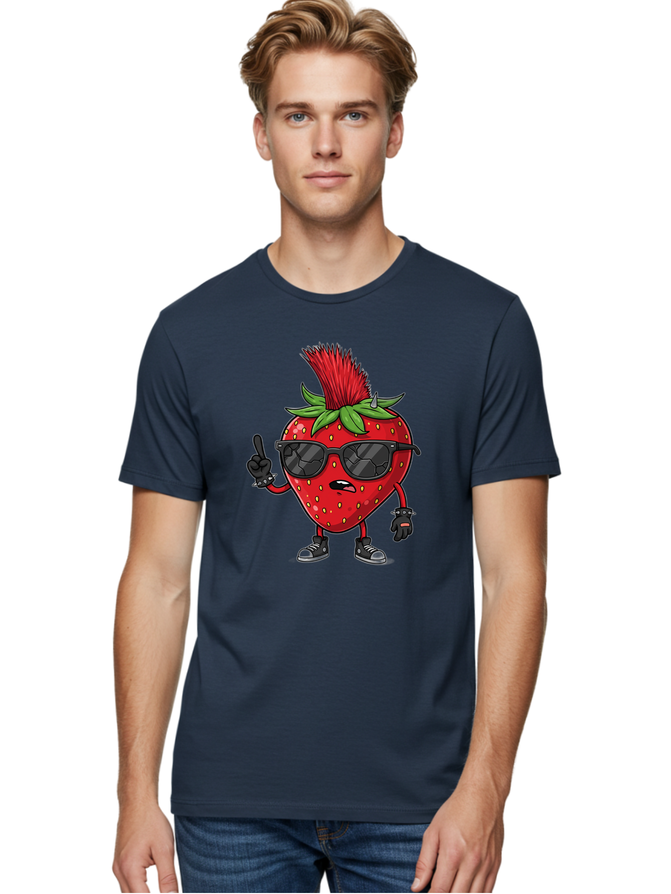 Strawberry-Character Men'S Graphic Tee, 100% Cotton, Comfortable Casual Summer Wear, Machine Washable, Cartoon Strawberry, Cool Strawberry Character, Sunglasses, Punk Rock Style, Fruit Character Design, Strawberry Mascot, Funny Strawberry, Bac473