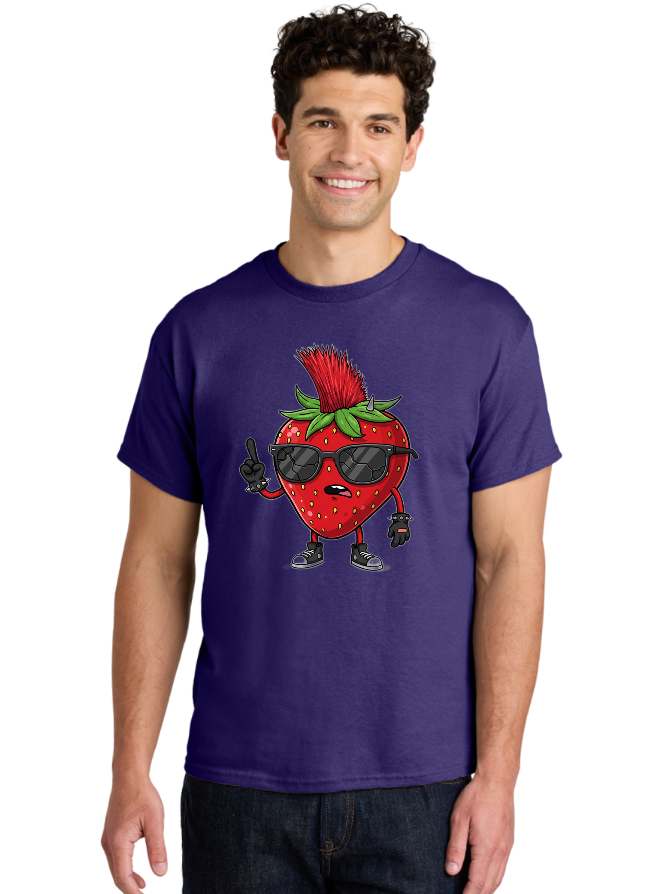 Strawberry-Character Men'S Graphic Tee, 100% Cotton, Comfortable Casual Summer Wear, Machine Washable, Cartoon Strawberry, Cool Strawberry Character, Sunglasses, Punk Rock Style, Fruit Character Design, Strawberry Mascot, Funny Strawberry, Bac473