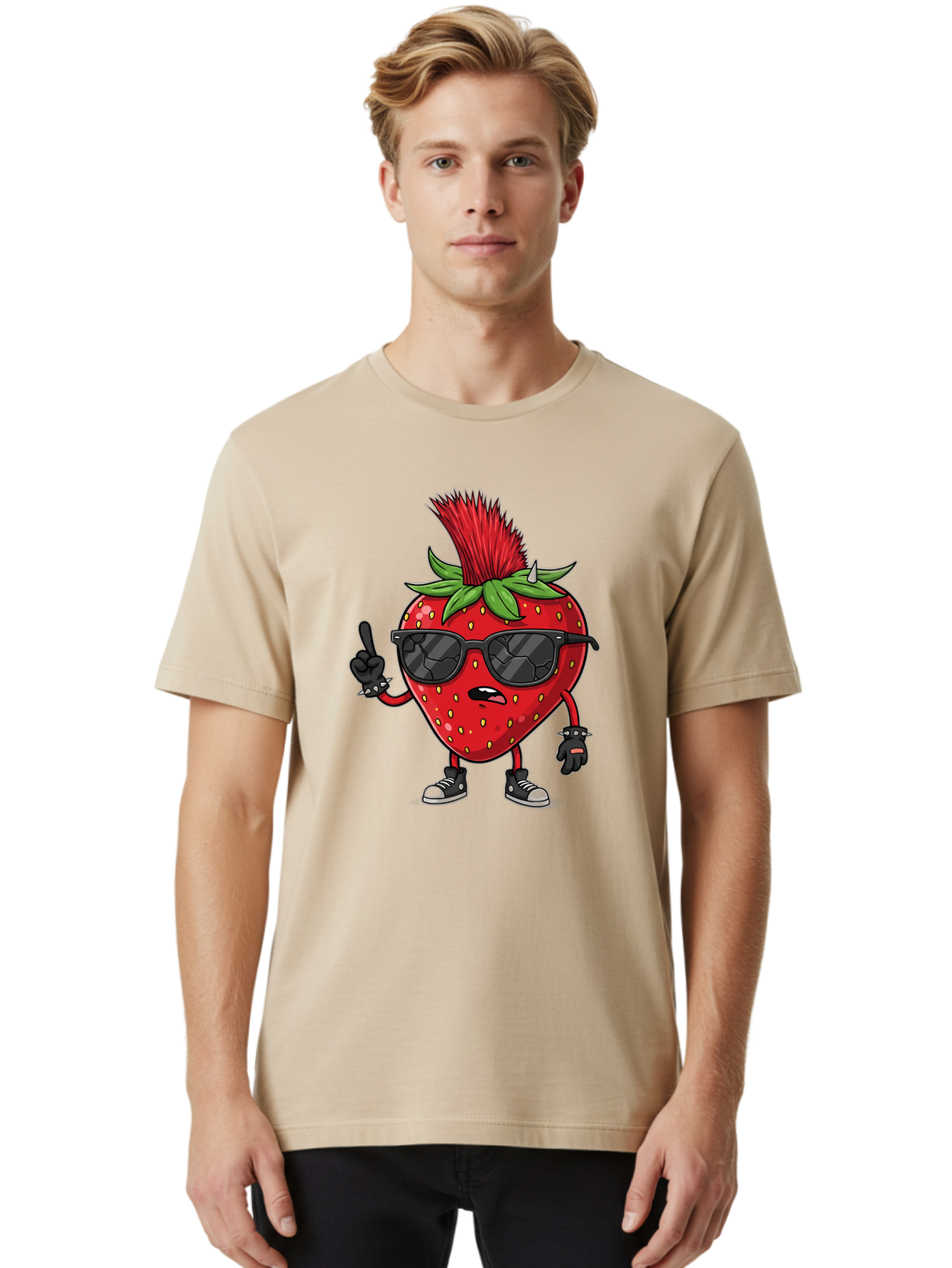 Strawberry-Character Men'S Graphic Tee, 100% Cotton, Comfortable Casual Summer Wear, Machine Washable, Cartoon Strawberry, Cool Strawberry Character, Sunglasses, Punk Rock Style, Fruit Character Design, Strawberry Mascot, Funny Strawberry, Bac473
