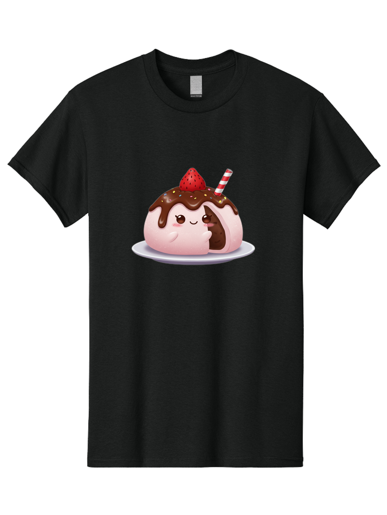 Strawberry-Donut Men'S Graphic Tee, 100% Cotton, Comfortable Casual Summer Wear, Machine Washable, Chocolate Donut, Strawberry Topping, Donut Character, Dessert, Sweet Treat, Chocolate Sauce, Sprinkles, Donut With Straw, Cute Dessert, Bac474