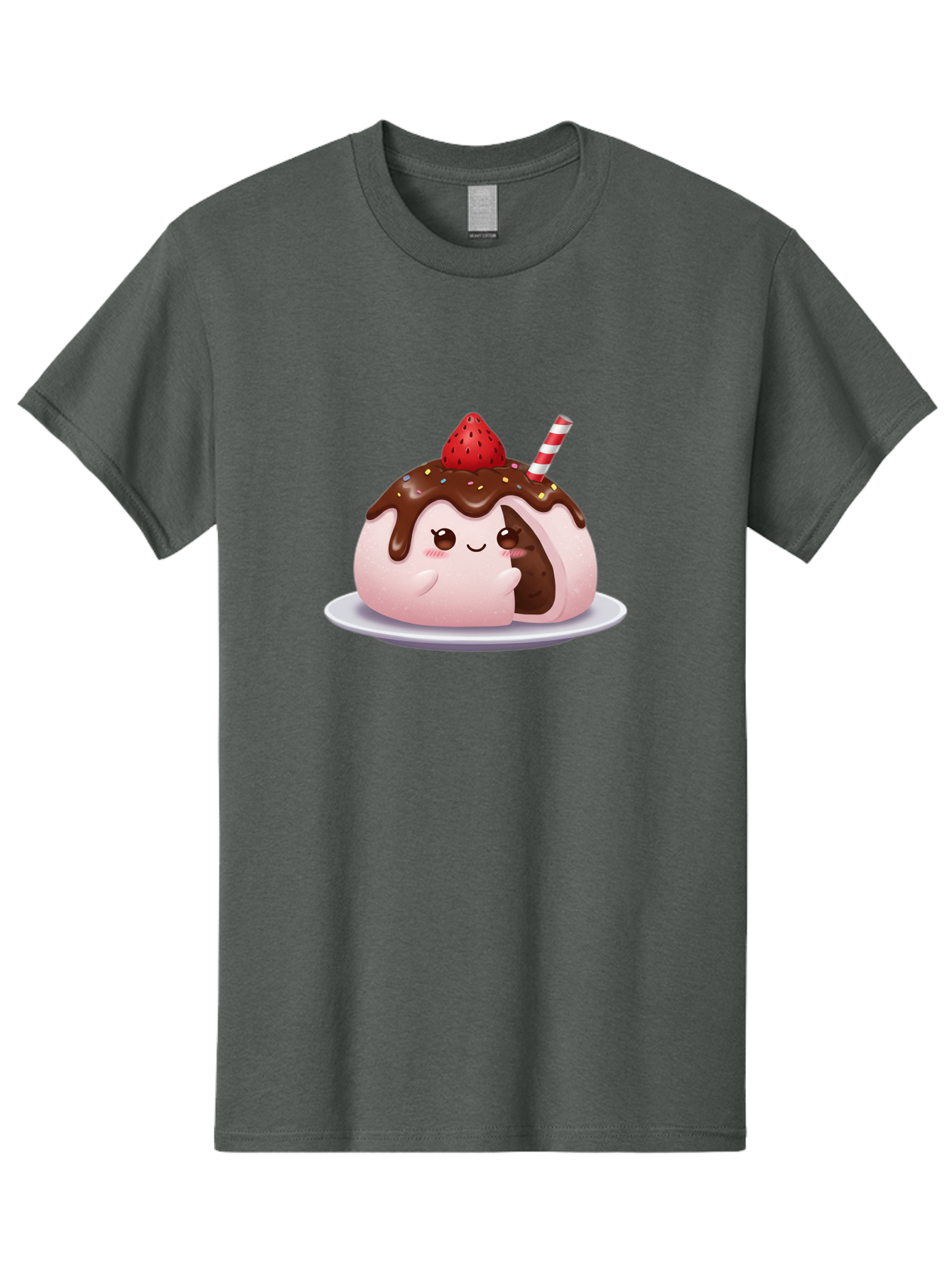 Strawberry-Donut Men'S Graphic Tee, 100% Cotton, Comfortable Casual Summer Wear, Machine Washable, Chocolate Donut, Strawberry Topping, Donut Character, Dessert, Sweet Treat, Chocolate Sauce, Sprinkles, Donut With Straw, Cute Dessert, Bac474