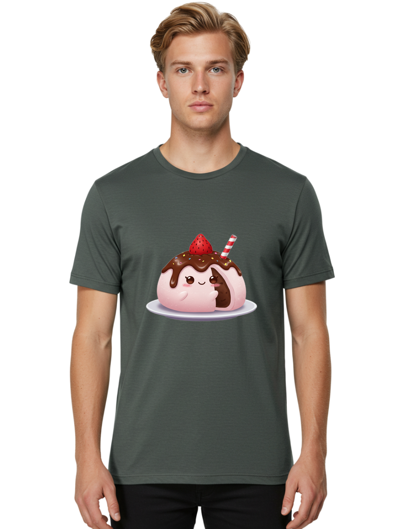 Strawberry-Donut Men'S Graphic Tee, 100% Cotton, Comfortable Casual Summer Wear, Machine Washable, Chocolate Donut, Strawberry Topping, Donut Character, Dessert, Sweet Treat, Chocolate Sauce, Sprinkles, Donut With Straw, Cute Dessert, Bac474