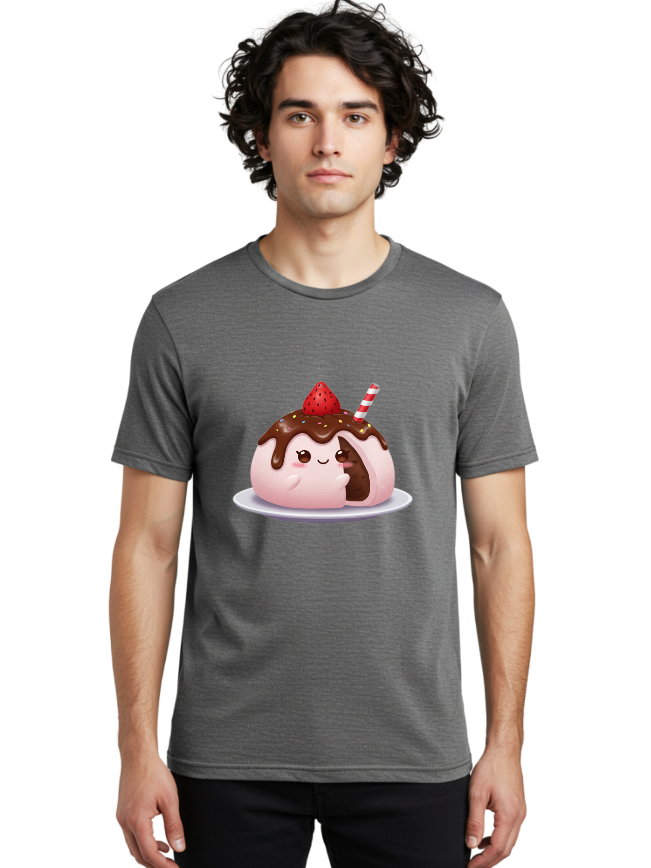 Strawberry-Donut Men'S Graphic Tee, 100% Cotton, Comfortable Casual Summer Wear, Machine Washable, Chocolate Donut, Strawberry Topping, Donut Character, Dessert, Sweet Treat, Chocolate Sauce, Sprinkles, Donut With Straw, Cute Dessert, Bac474