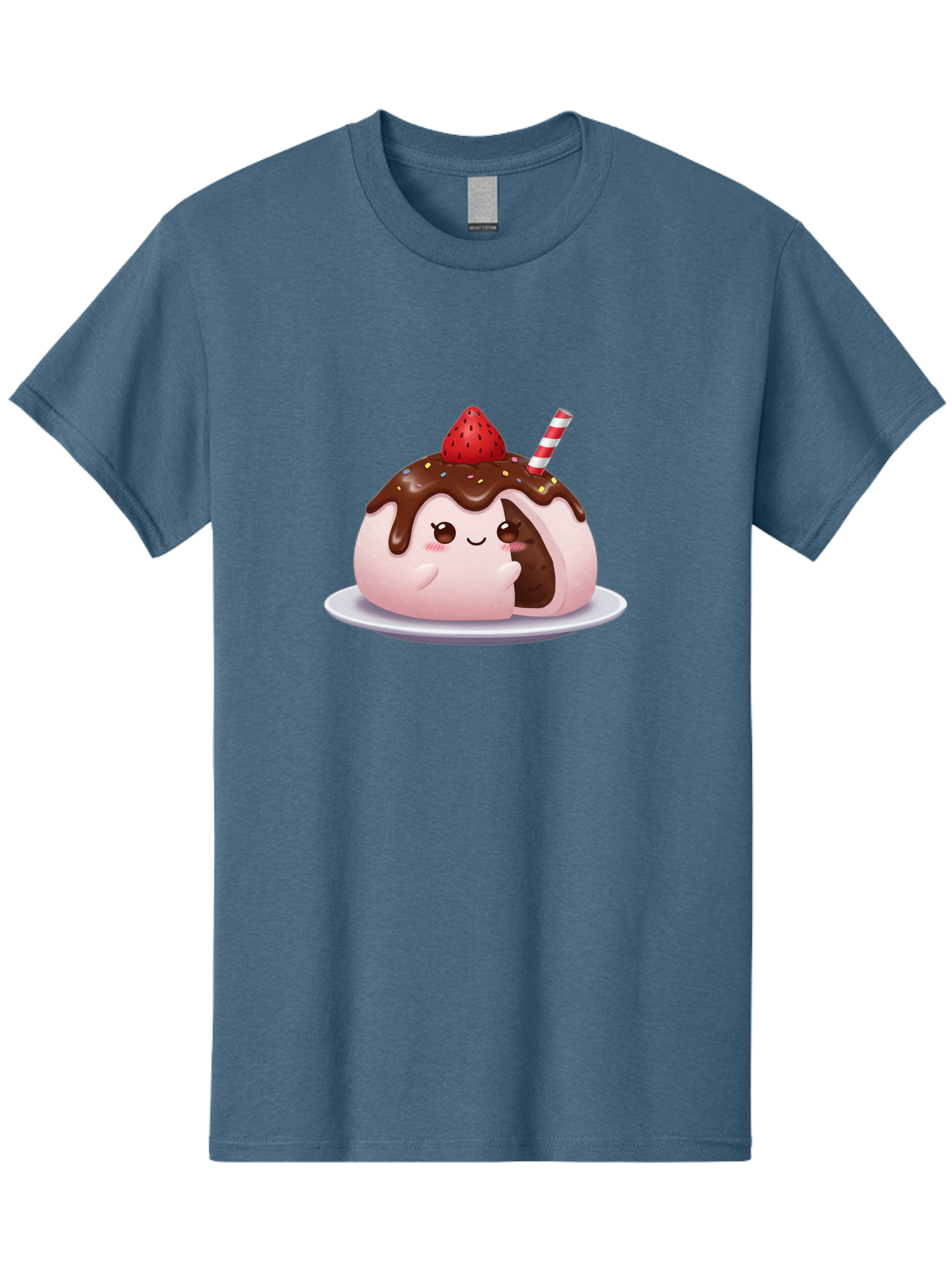 Strawberry-Donut Men'S Graphic Tee, 100% Cotton, Comfortable Casual Summer Wear, Machine Washable, Chocolate Donut, Strawberry Topping, Donut Character, Dessert, Sweet Treat, Chocolate Sauce, Sprinkles, Donut With Straw, Cute Dessert, Bac474