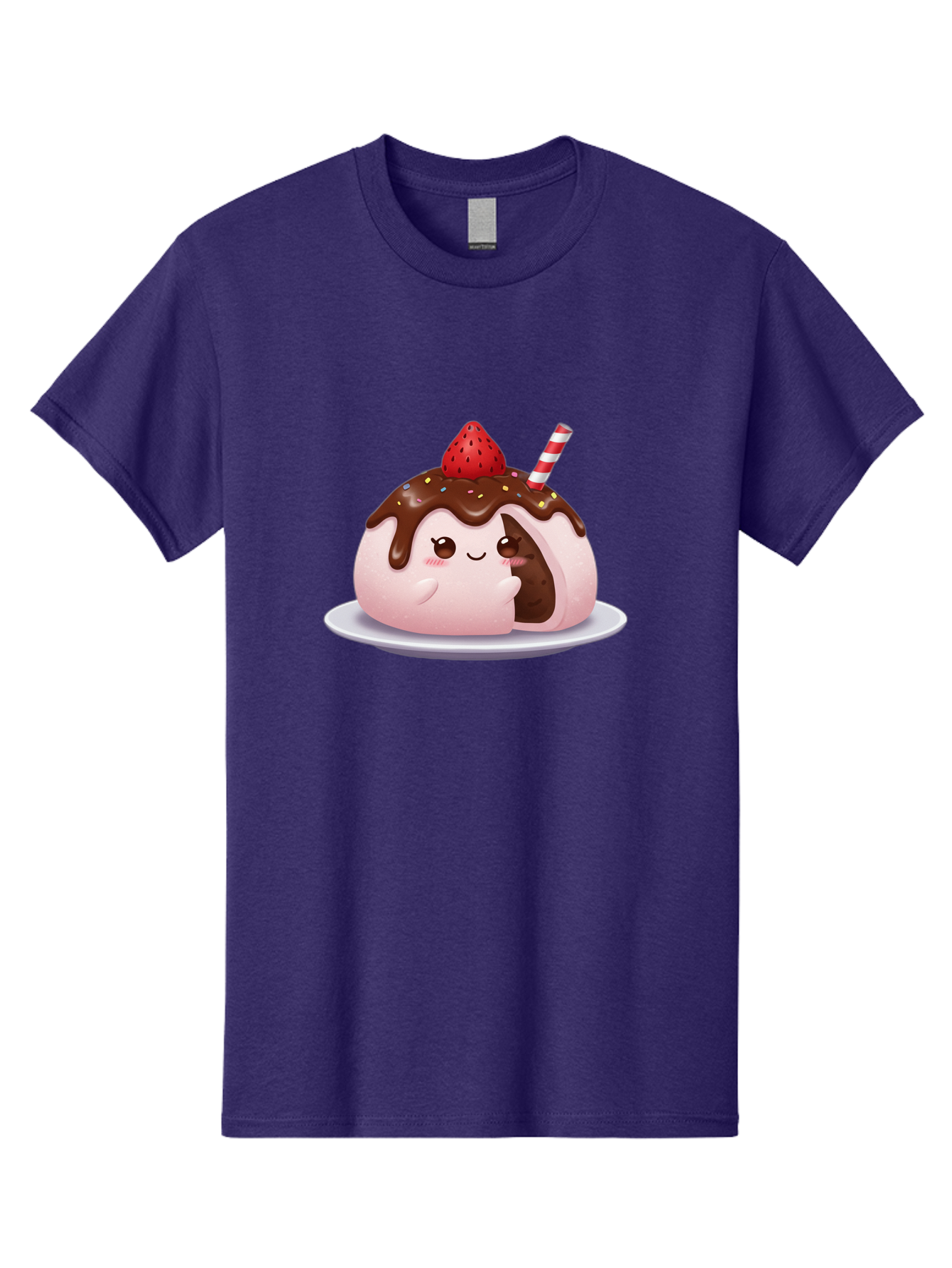 Strawberry-Donut Men'S Graphic Tee, 100% Cotton, Comfortable Casual Summer Wear, Machine Washable, Chocolate Donut, Strawberry Topping, Donut Character, Dessert, Sweet Treat, Chocolate Sauce, Sprinkles, Donut With Straw, Cute Dessert, Bac474