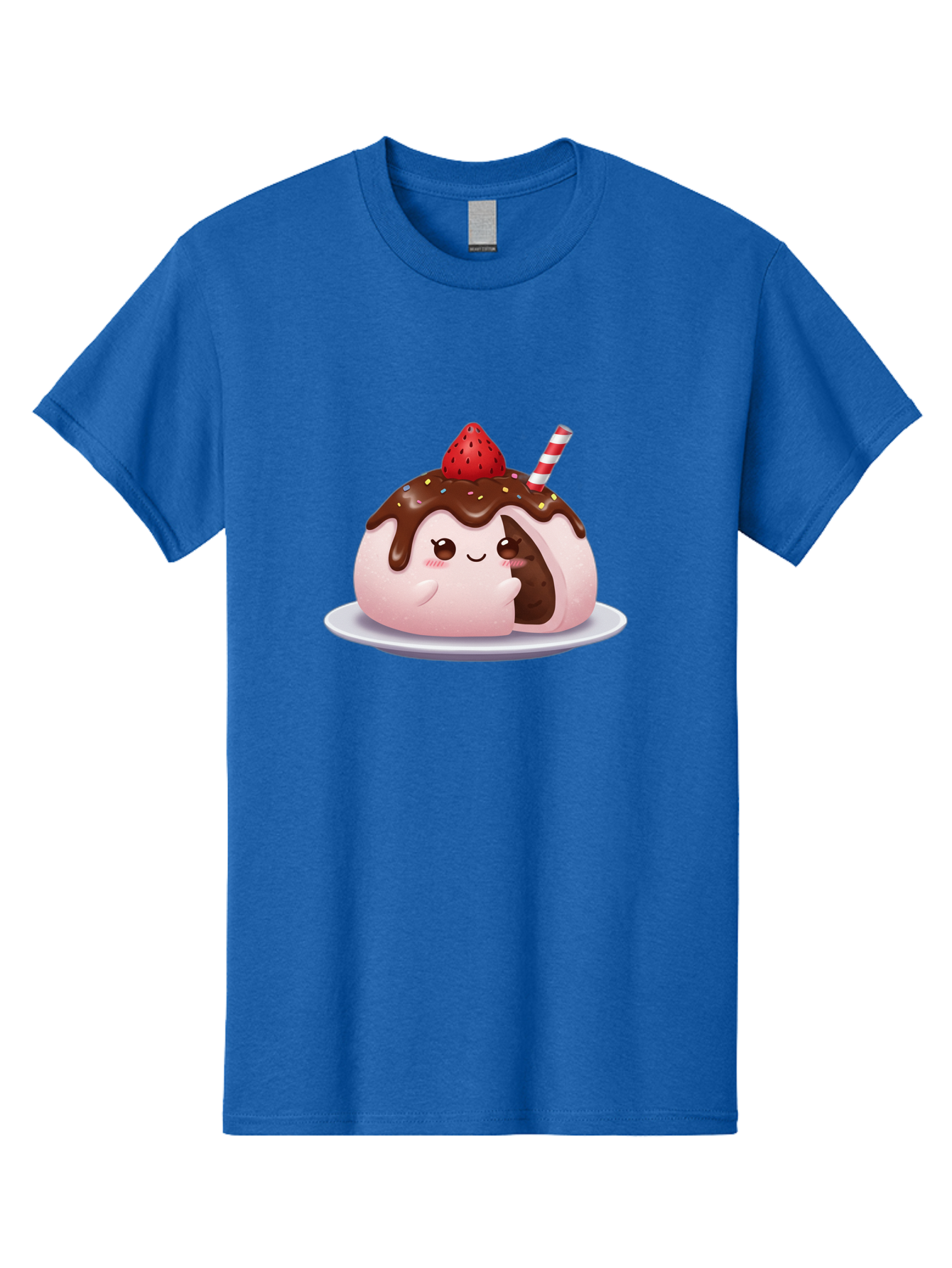 Strawberry-Donut Men'S Graphic Tee, 100% Cotton, Comfortable Casual Summer Wear, Machine Washable, Chocolate Donut, Strawberry Topping, Donut Character, Dessert, Sweet Treat, Chocolate Sauce, Sprinkles, Donut With Straw, Cute Dessert, Bac474