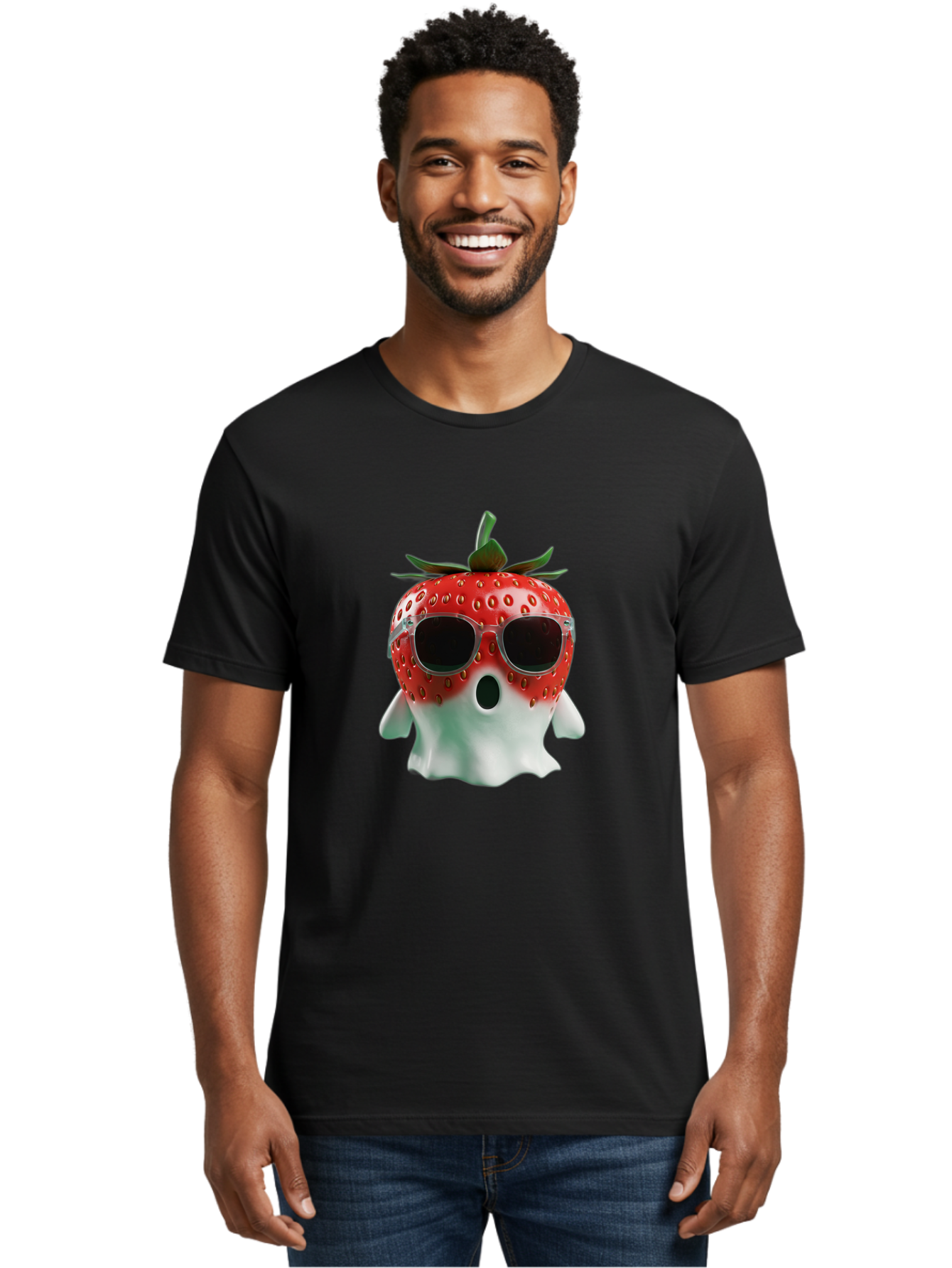Strawberry-Ghost Men'S Graphic Tee, 100% Cotton, Comfortable Casual Summer Wear, Machine Washable, Strawberry With Sunglasses, Ghostly Figure, Cool Fruit, Summer Vibes, Quirky Design, Fun And Playful, Cartoon Character, Unique Blend, Bac476