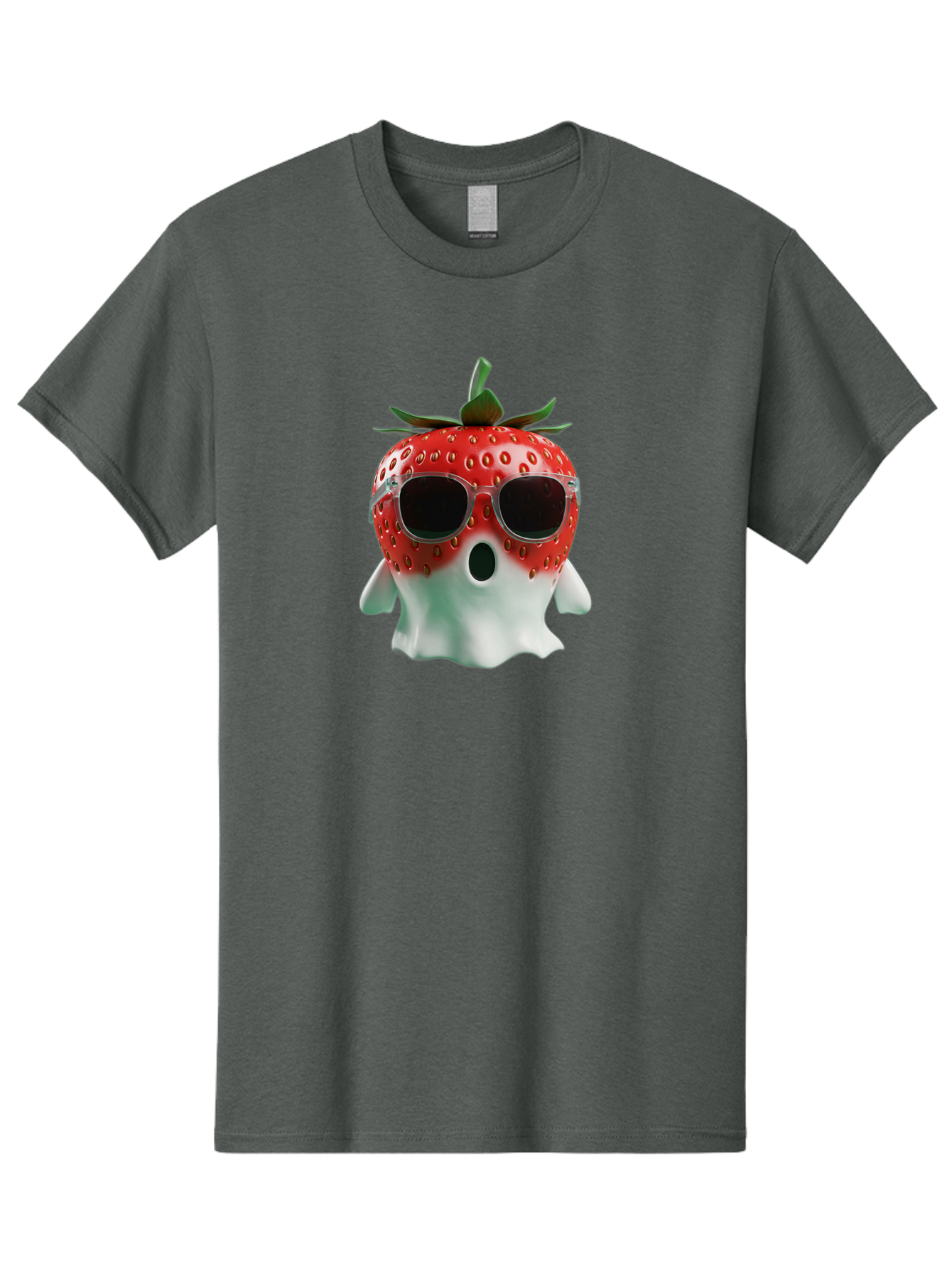 Strawberry-Ghost Men'S Graphic Tee, 100% Cotton, Comfortable Casual Summer Wear, Machine Washable, Strawberry With Sunglasses, Ghostly Figure, Cool Fruit, Summer Vibes, Quirky Design, Fun And Playful, Cartoon Character, Unique Blend, Bac476