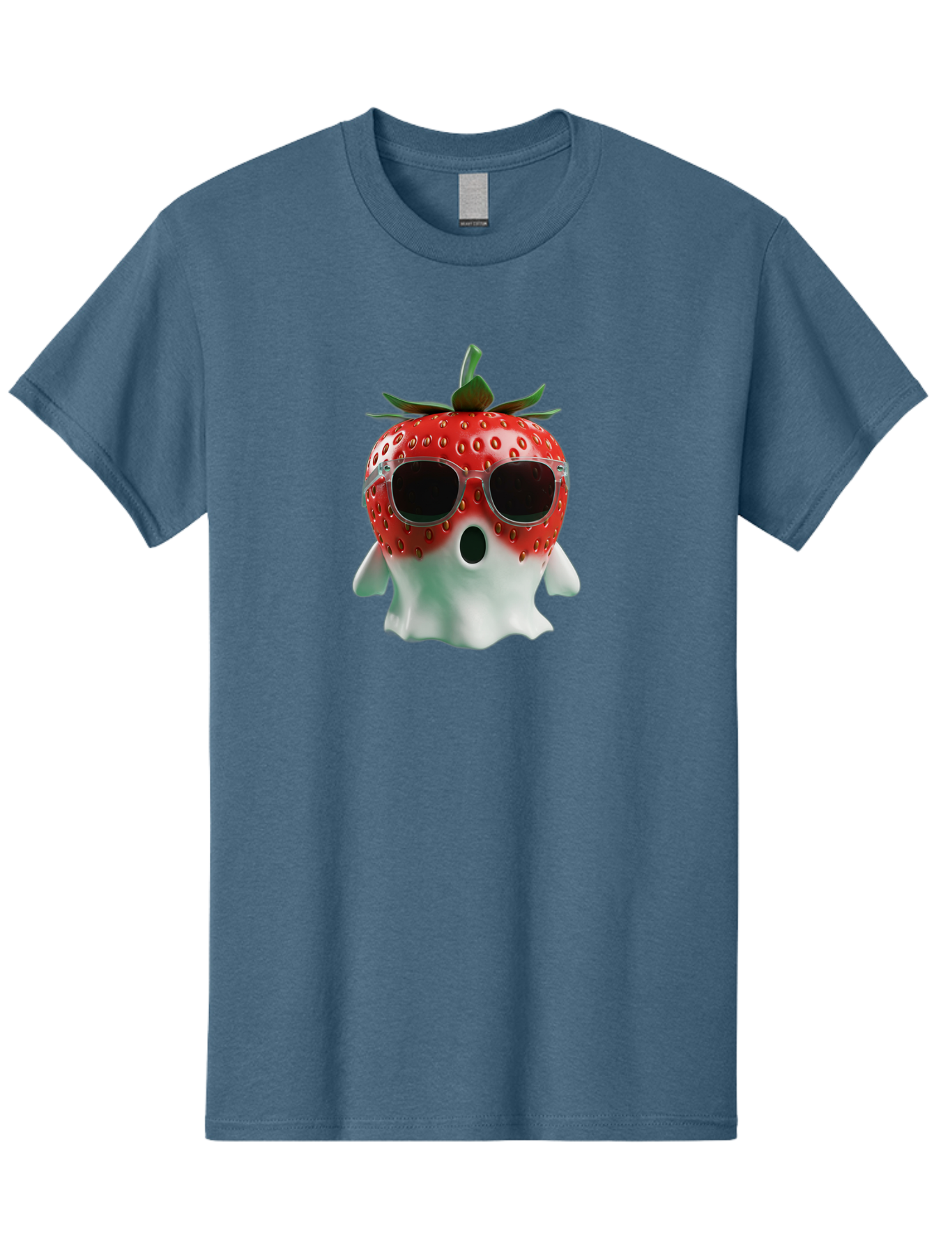 Strawberry-Ghost Men'S Graphic Tee, 100% Cotton, Comfortable Casual Summer Wear, Machine Washable, Strawberry With Sunglasses, Ghostly Figure, Cool Fruit, Summer Vibes, Quirky Design, Fun And Playful, Cartoon Character, Unique Blend, Bac476