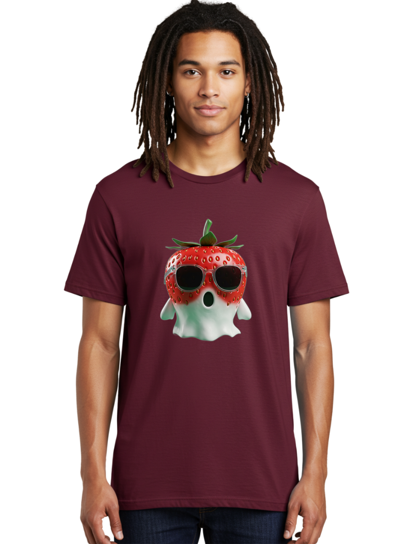 Strawberry-Ghost Men'S Graphic Tee, 100% Cotton, Comfortable Casual Summer Wear, Machine Washable, Strawberry With Sunglasses, Ghostly Figure, Cool Fruit, Summer Vibes, Quirky Design, Fun And Playful, Cartoon Character, Unique Blend, Bac476