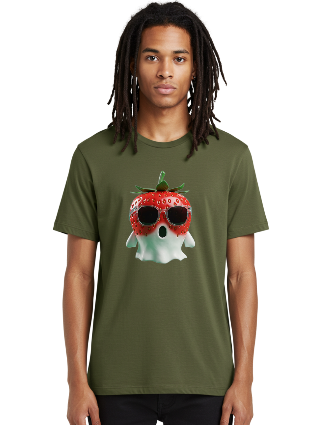 Strawberry-Ghost Men'S Graphic Tee, 100% Cotton, Comfortable Casual Summer Wear, Machine Washable, Strawberry With Sunglasses, Ghostly Figure, Cool Fruit, Summer Vibes, Quirky Design, Fun And Playful, Cartoon Character, Unique Blend, Bac476