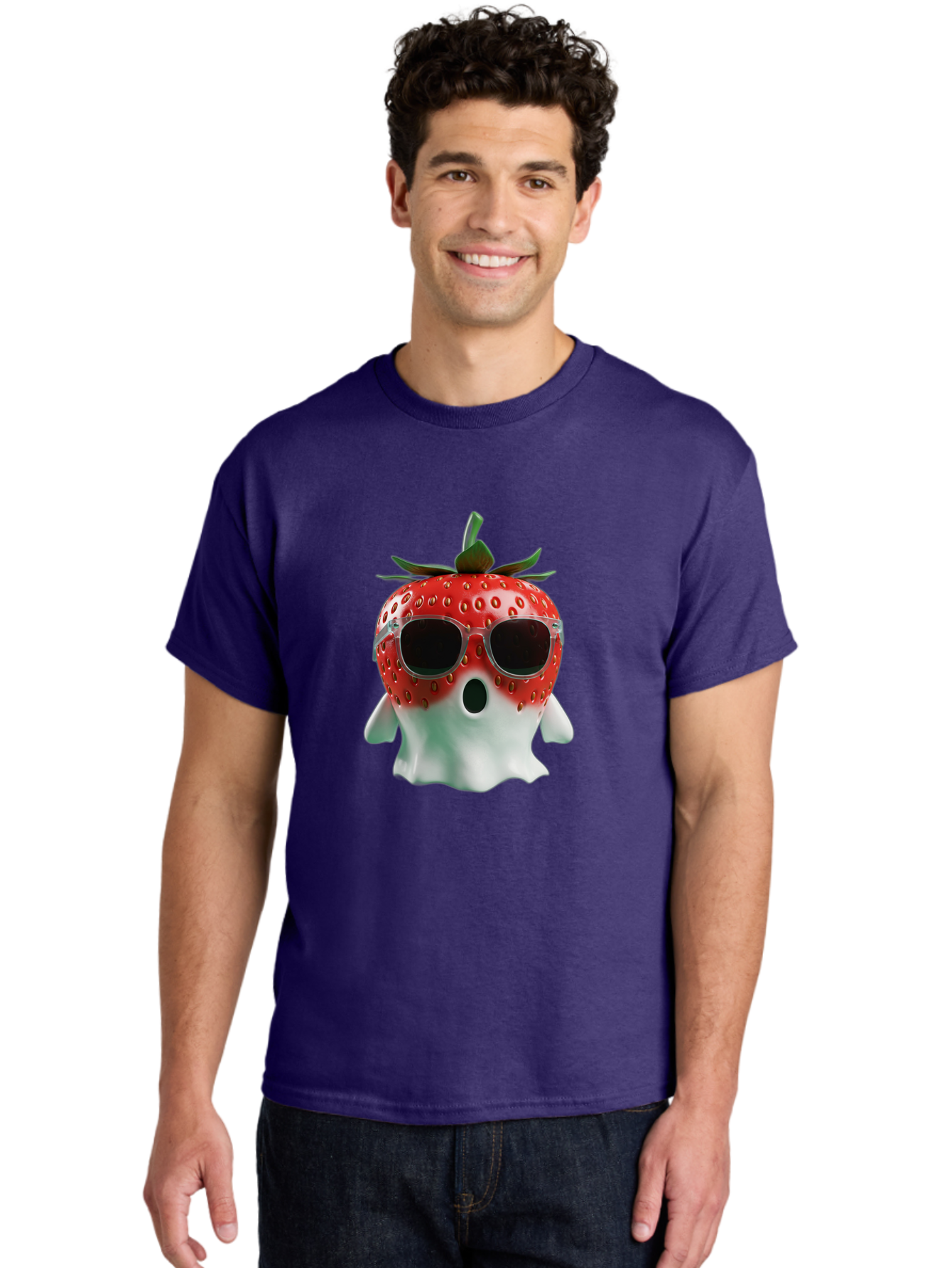 Strawberry-Ghost Men'S Graphic Tee, 100% Cotton, Comfortable Casual Summer Wear, Machine Washable, Strawberry With Sunglasses, Ghostly Figure, Cool Fruit, Summer Vibes, Quirky Design, Fun And Playful, Cartoon Character, Unique Blend, Bac476