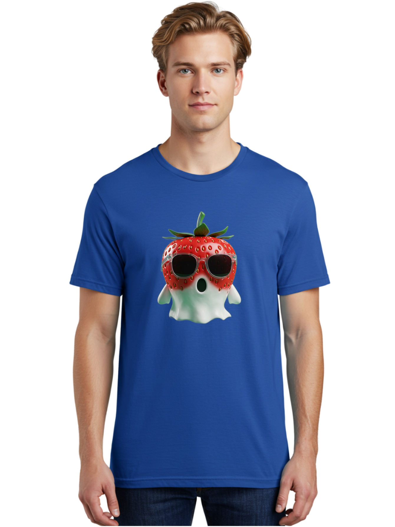 Strawberry-Ghost Men'S Graphic Tee, 100% Cotton, Comfortable Casual Summer Wear, Machine Washable, Strawberry With Sunglasses, Ghostly Figure, Cool Fruit, Summer Vibes, Quirky Design, Fun And Playful, Cartoon Character, Unique Blend, Bac476