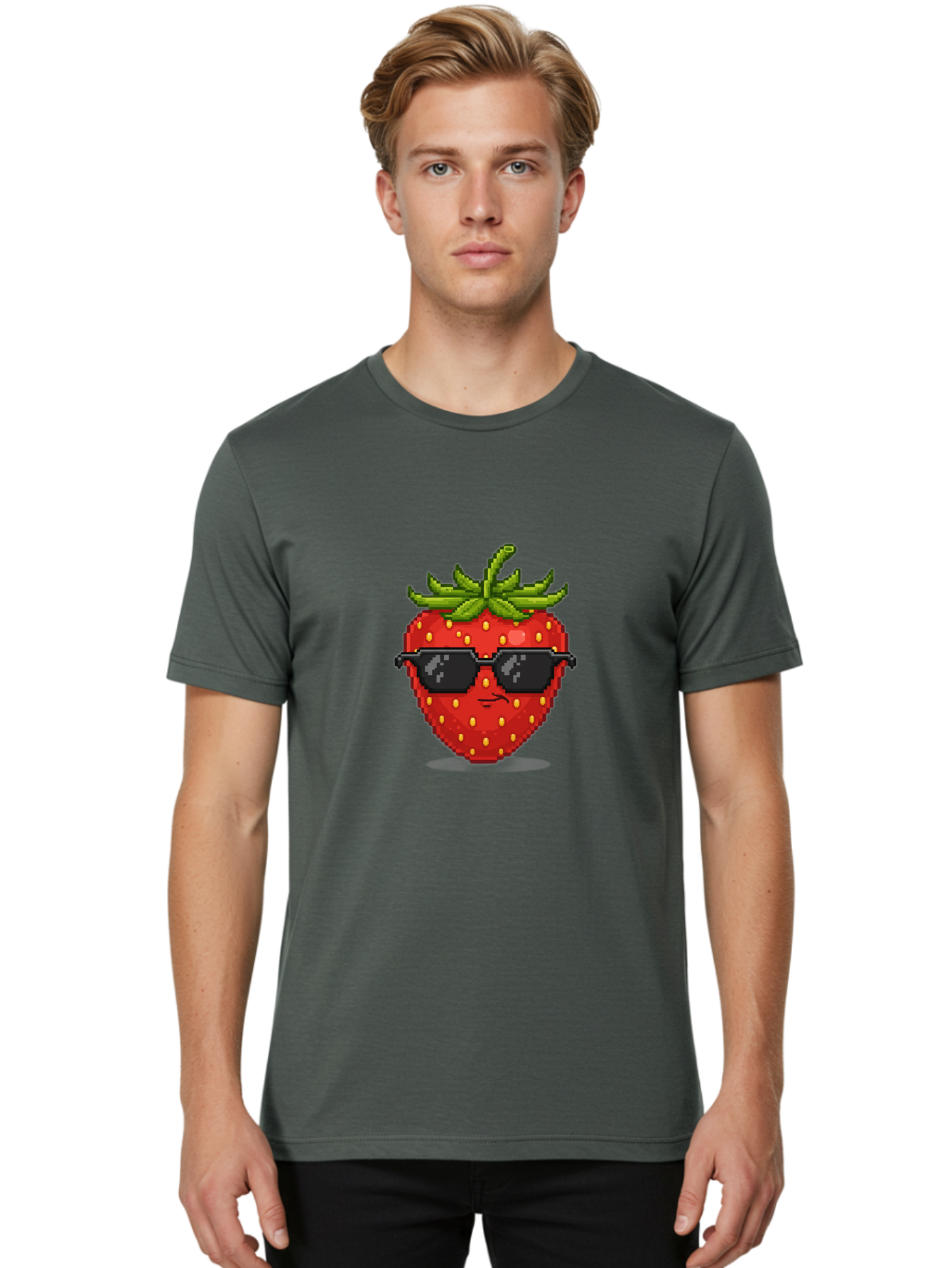Strawberry-In-Sunglasses Men'S Graphic Tee, 100% Cotton, Comfortable Casual Summer Wear, Machine Washable, Cool Strawberry, Pixel Art, Sunglasses, Red Fruit, Yellow Seeds, Cartoon Character, Fun Design, Summertime Vibe, Pixelated Style Bac478