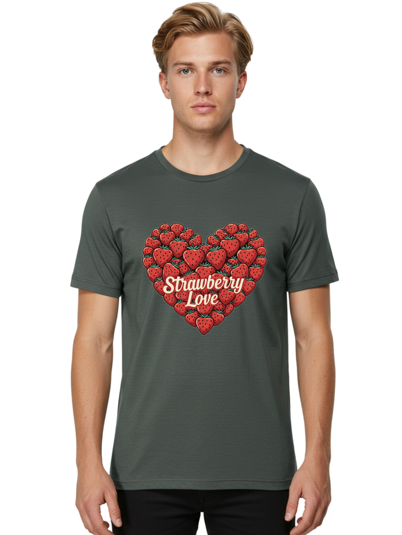 Strawberry-Love Men'S Graphic Tee, 100% Cotton, Comfortable Casual Summer Wear, Machine Washable, Strawberry Heart, Fruit Love, Red Strawberries, Sweet Treats, Tasty Fruits, Summer Fruits, Heart-Shaped Strawberries, Strawberry Graphics Bac479