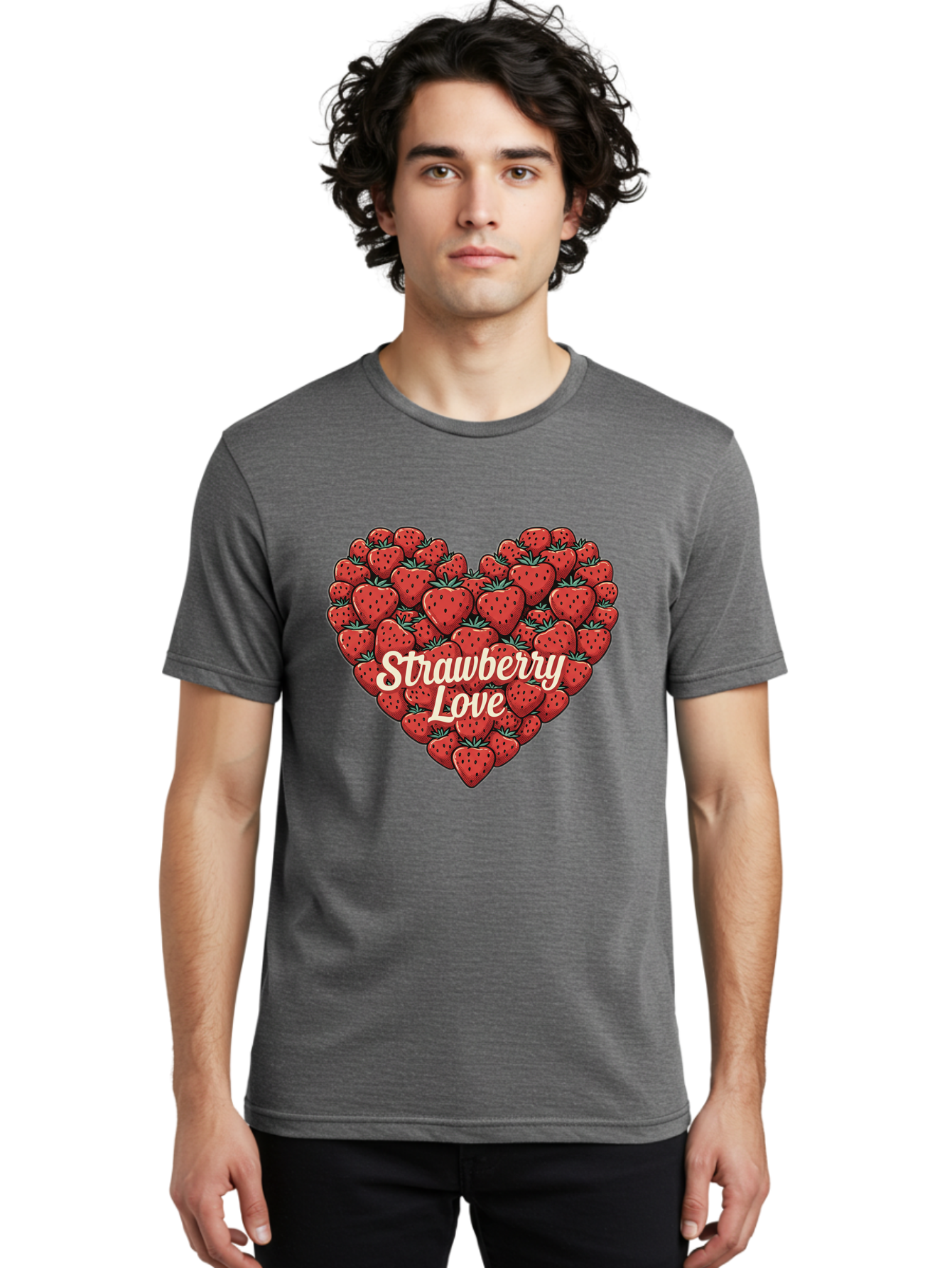Strawberry-Love Men'S Graphic Tee, 100% Cotton, Comfortable Casual Summer Wear, Machine Washable, Strawberry Heart, Fruit Love, Red Strawberries, Sweet Treats, Tasty Fruits, Summer Fruits, Heart-Shaped Strawberries, Strawberry Graphics Bac479