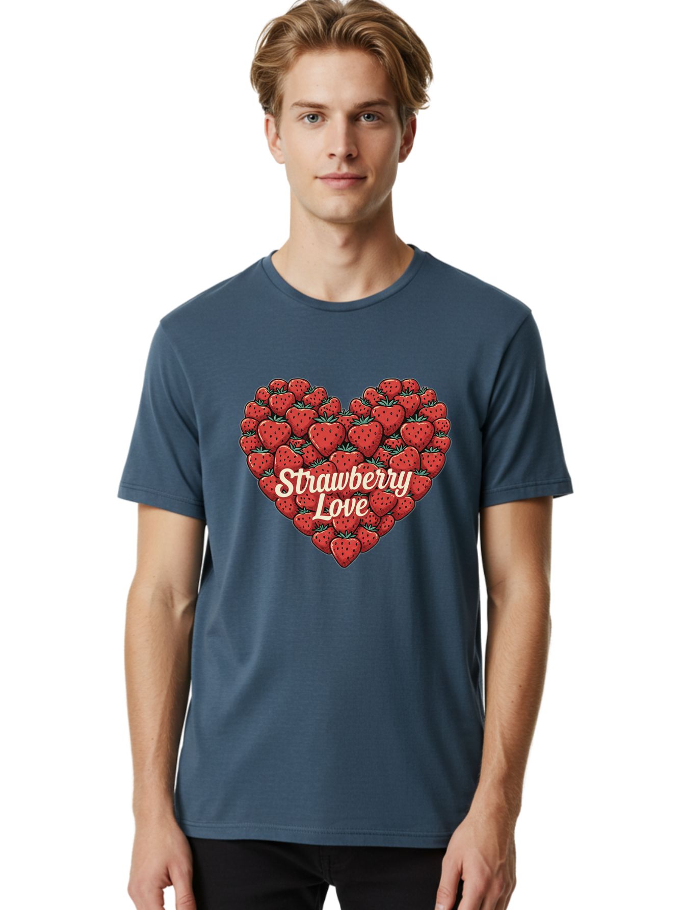 Strawberry-Love Men'S Graphic Tee, 100% Cotton, Comfortable Casual Summer Wear, Machine Washable, Strawberry Heart, Fruit Love, Red Strawberries, Sweet Treats, Tasty Fruits, Summer Fruits, Heart-Shaped Strawberries, Strawberry Graphics Bac479