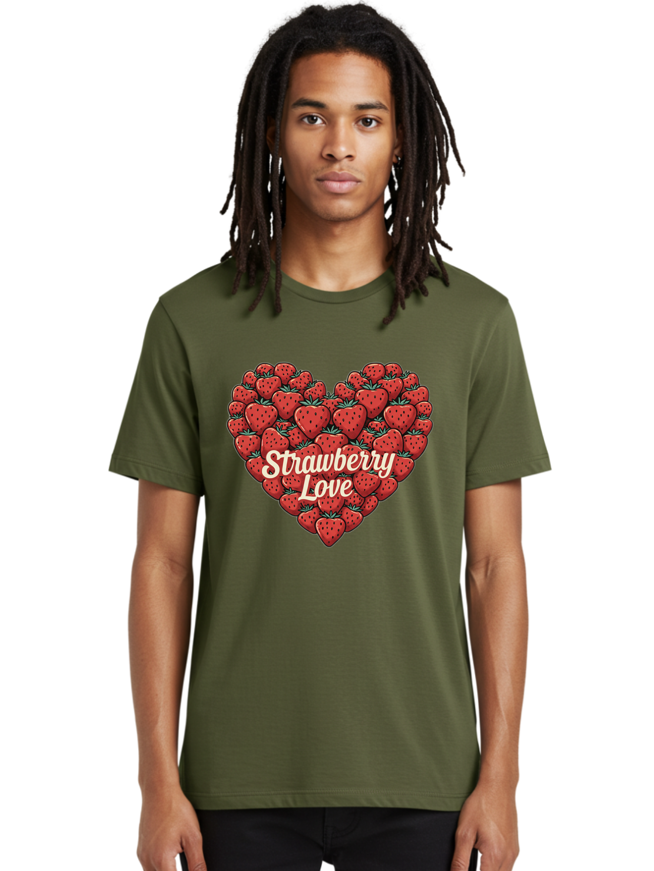 Strawberry-Love Men'S Graphic Tee, 100% Cotton, Comfortable Casual Summer Wear, Machine Washable, Strawberry Heart, Fruit Love, Red Strawberries, Sweet Treats, Tasty Fruits, Summer Fruits, Heart-Shaped Strawberries, Strawberry Graphics Bac479