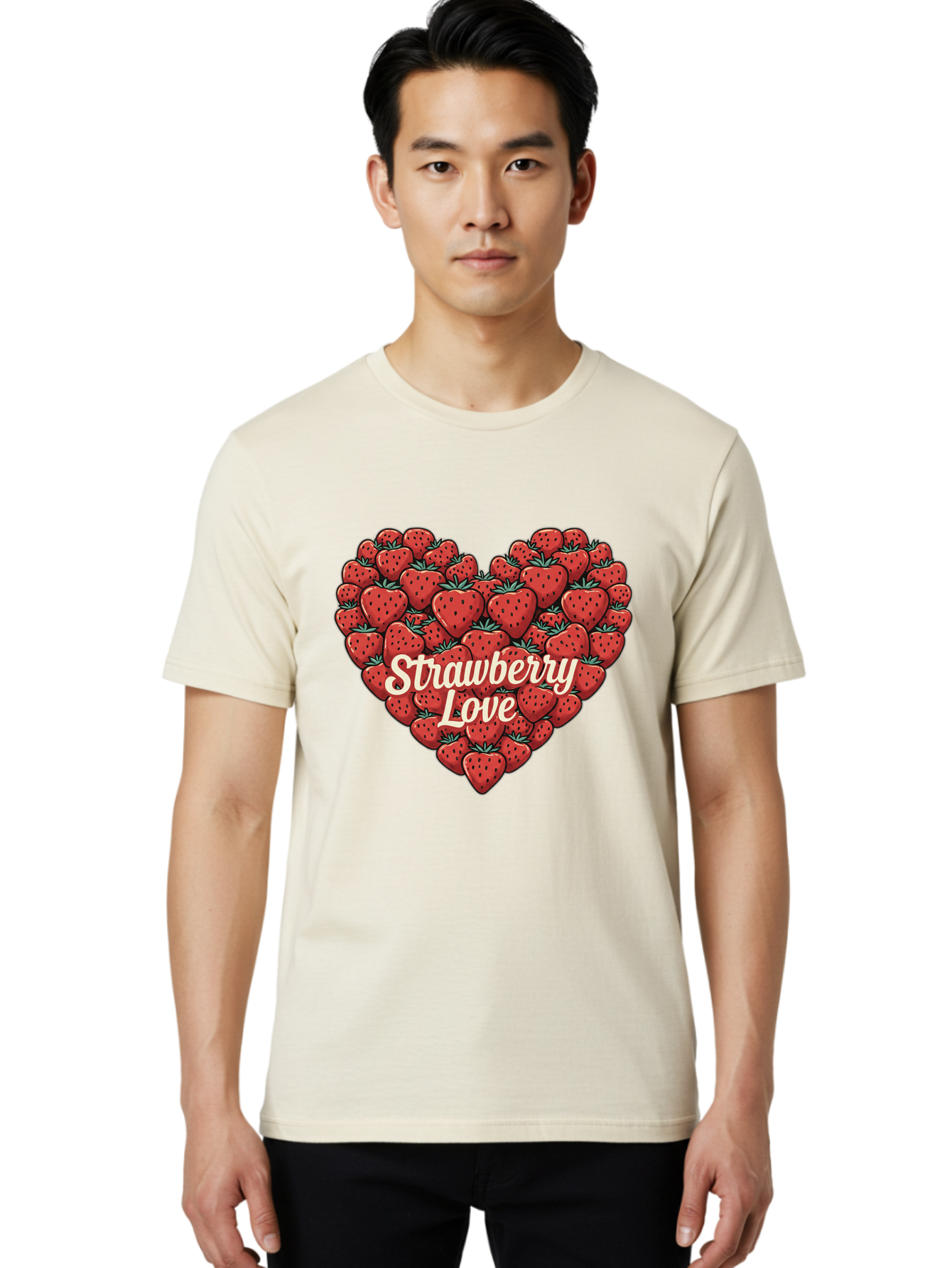 Strawberry-Love Men'S Graphic Tee, 100% Cotton, Comfortable Casual Summer Wear, Machine Washable, Strawberry Heart, Fruit Love, Red Strawberries, Sweet Treats, Tasty Fruits, Summer Fruits, Heart-Shaped Strawberries, Strawberry Graphics Bac479