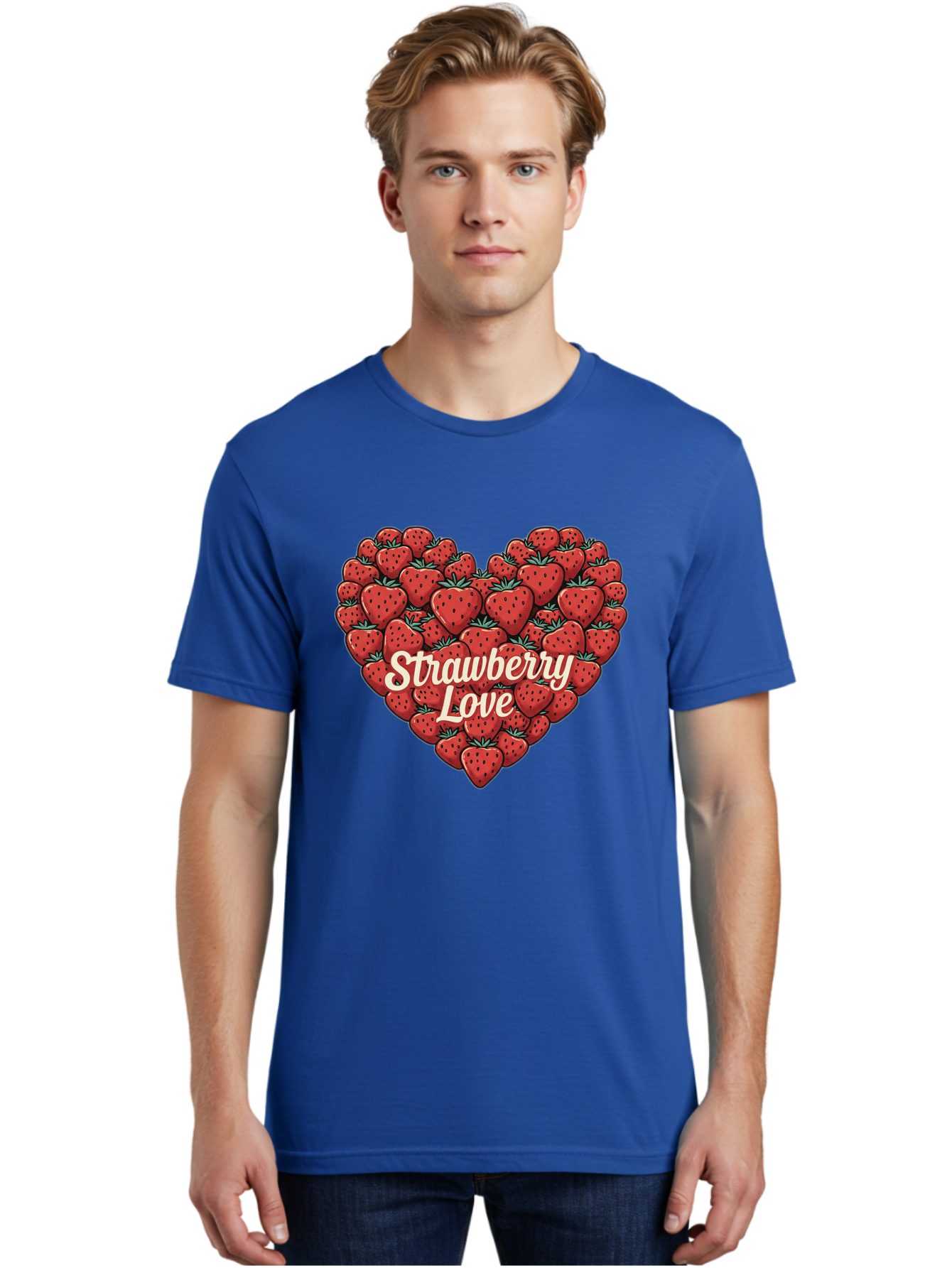 Strawberry-Love Men'S Graphic Tee, 100% Cotton, Comfortable Casual Summer Wear, Machine Washable, Strawberry Heart, Fruit Love, Red Strawberries, Sweet Treats, Tasty Fruits, Summer Fruits, Heart-Shaped Strawberries, Strawberry Graphics Bac479