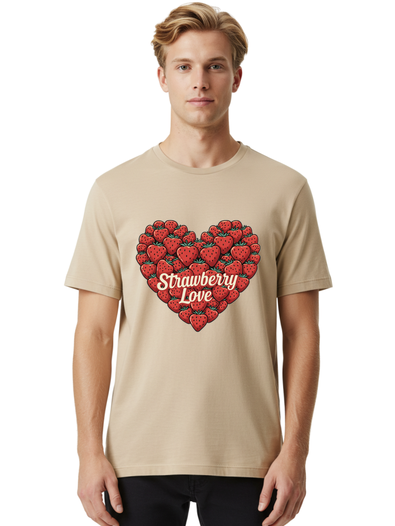Strawberry-Love Men'S Graphic Tee, 100% Cotton, Comfortable Casual Summer Wear, Machine Washable, Strawberry Heart, Fruit Love, Red Strawberries, Sweet Treats, Tasty Fruits, Summer Fruits, Heart-Shaped Strawberries, Strawberry Graphics Bac479