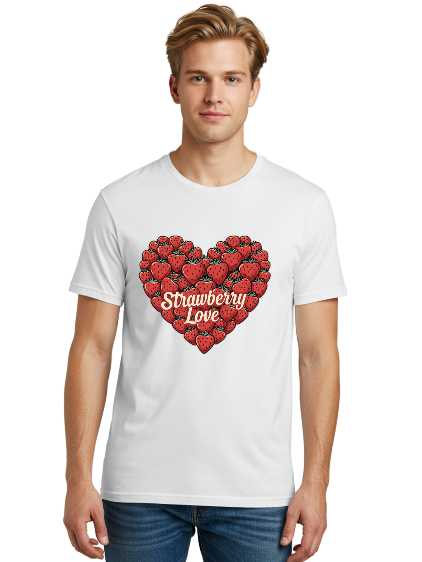 Strawberry-Love Men'S Graphic Tee, 100% Cotton, Comfortable Casual Summer Wear, Machine Washable, Strawberry Heart, Fruit Love, Red Strawberries, Sweet Treats, Tasty Fruits, Summer Fruits, Heart-Shaped Strawberries, Strawberry Graphics Bac479