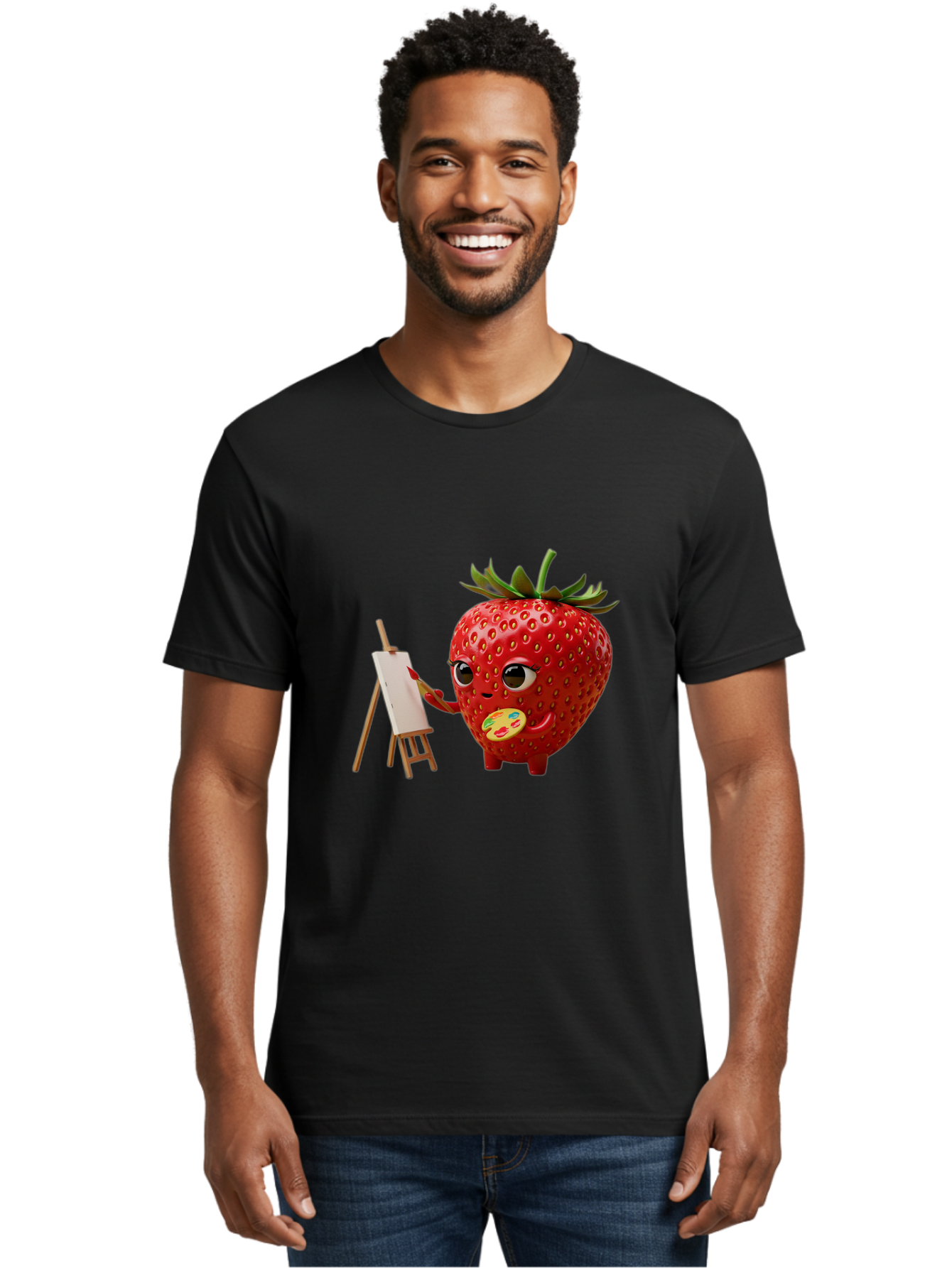 Strawberry-Painter Men'S Graphic Tee, 100% Cotton, Comfortable Casual Summer Wear, Machine Washable, Cartoon Strawberry Character, Painting On An Easel, Creative Art, Colorful Palette, Fruit Illustration, Vibrant Red Strawberry, Bac480