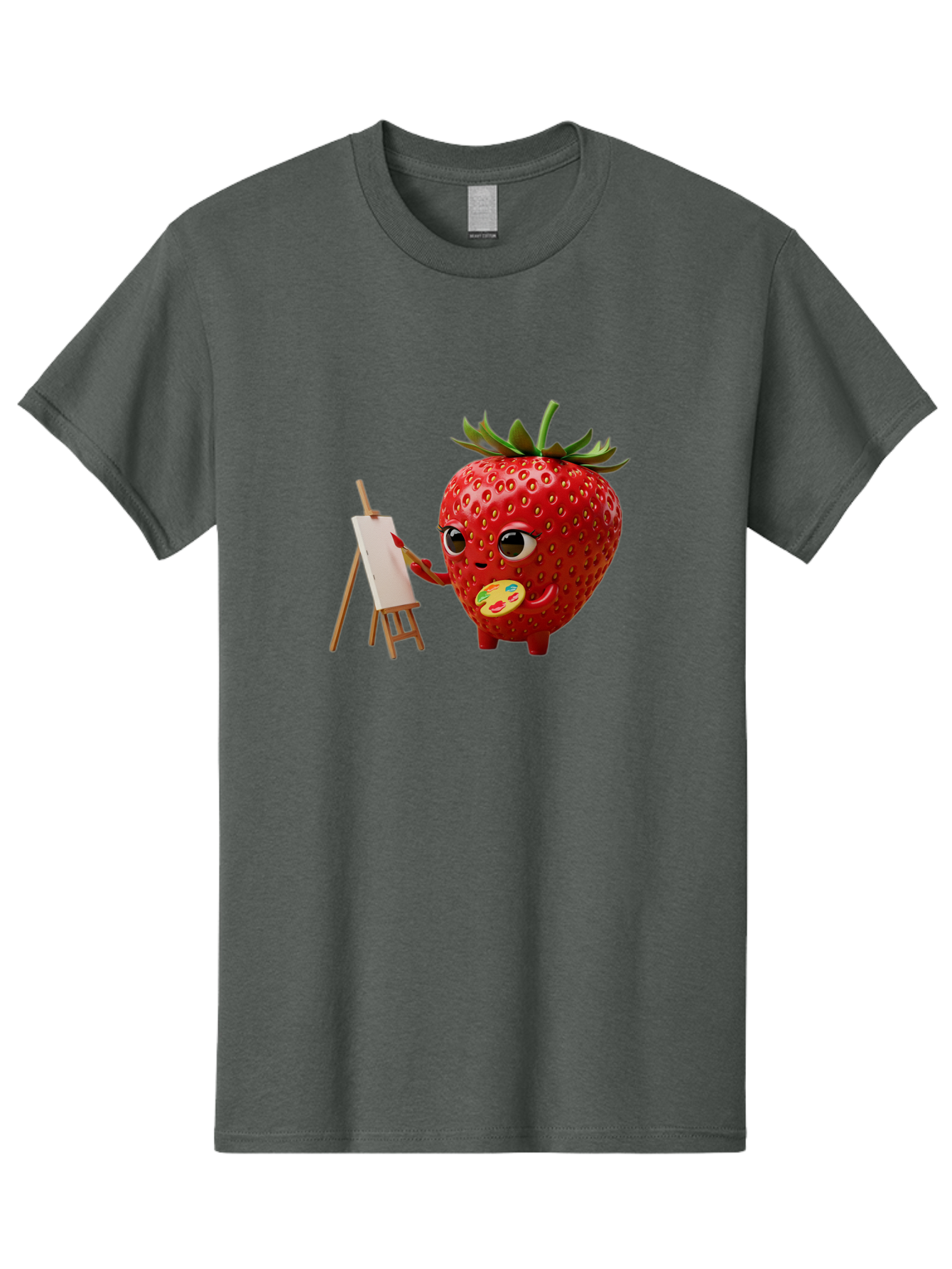 Strawberry-Painter Men'S Graphic Tee, 100% Cotton, Comfortable Casual Summer Wear, Machine Washable, Cartoon Strawberry Character, Painting On An Easel, Creative Art, Colorful Palette, Fruit Illustration, Vibrant Red Strawberry, Bac480