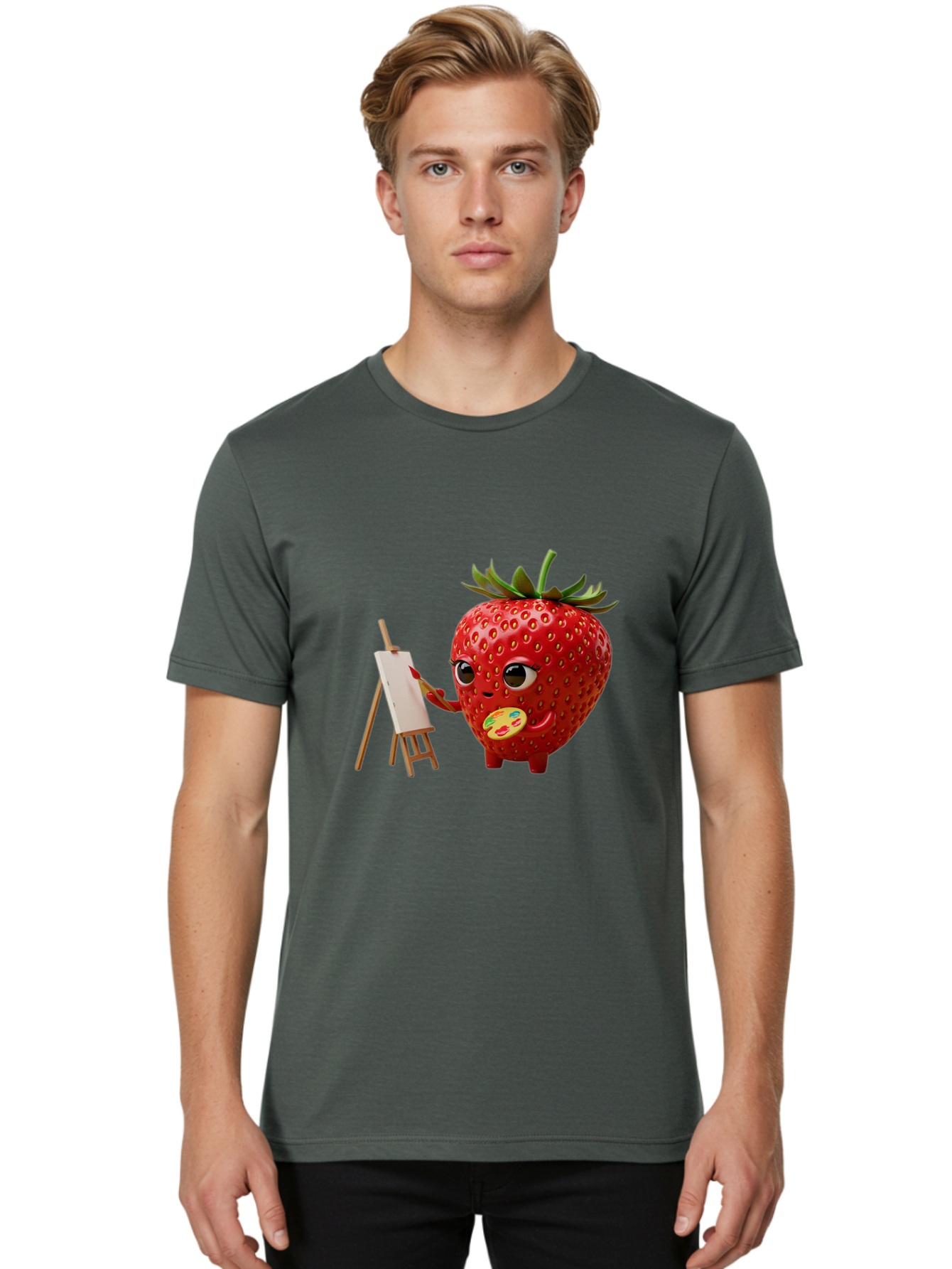 Strawberry-Painter Men'S Graphic Tee, 100% Cotton, Comfortable Casual Summer Wear, Machine Washable, Cartoon Strawberry Character, Painting On An Easel, Creative Art, Colorful Palette, Fruit Illustration, Vibrant Red Strawberry, Bac480