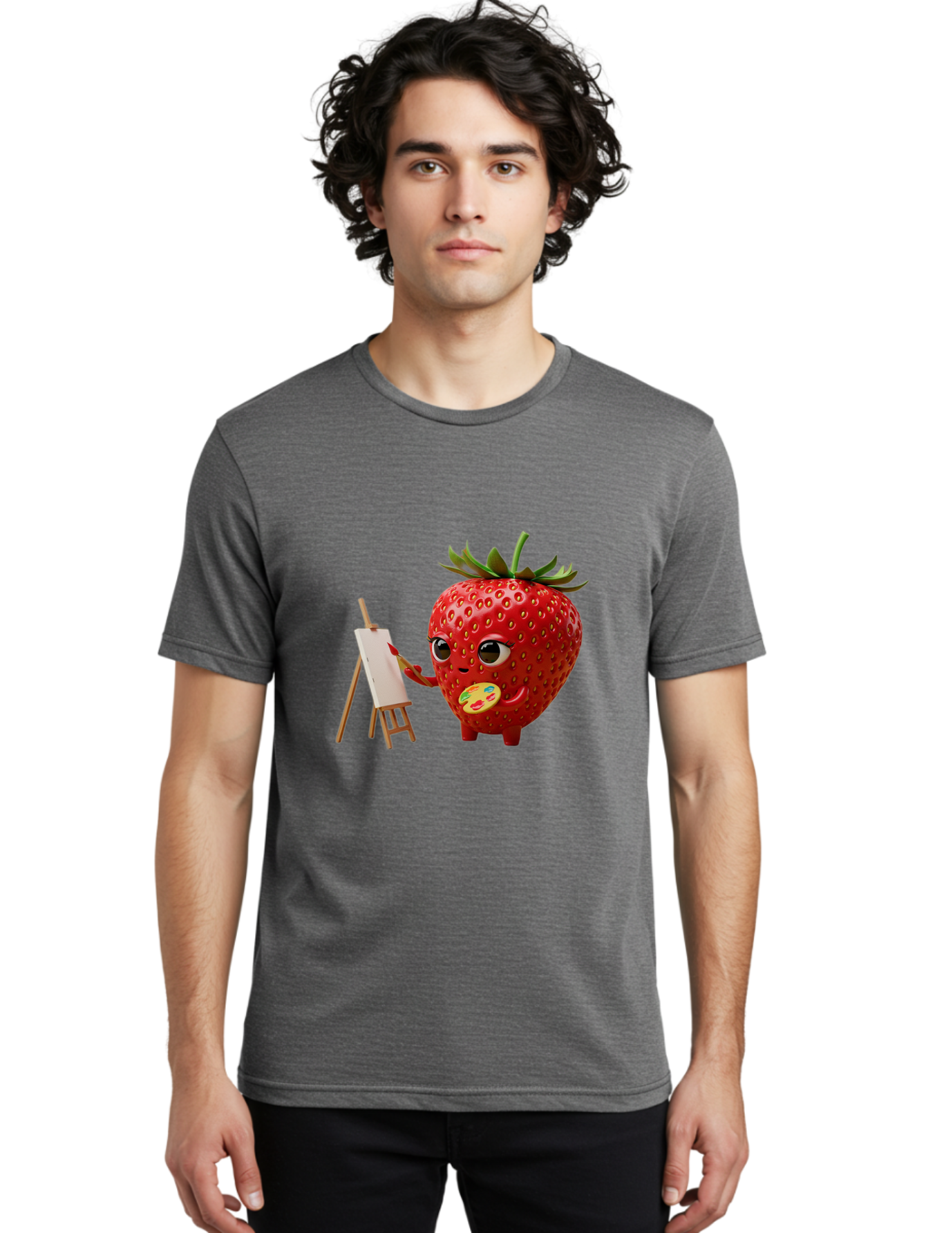 Strawberry-Painter Men'S Graphic Tee, 100% Cotton, Comfortable Casual Summer Wear, Machine Washable, Cartoon Strawberry Character, Painting On An Easel, Creative Art, Colorful Palette, Fruit Illustration, Vibrant Red Strawberry, Bac480