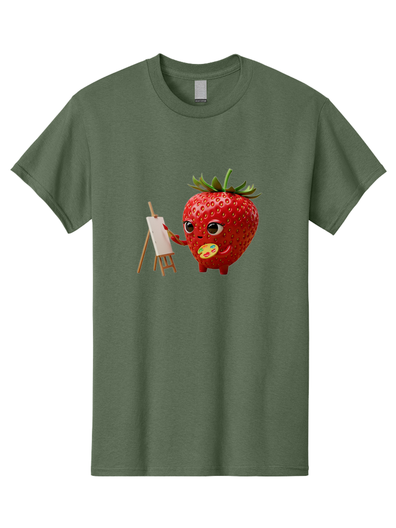 Strawberry-Painter Men'S Graphic Tee, 100% Cotton, Comfortable Casual Summer Wear, Machine Washable, Cartoon Strawberry Character, Painting On An Easel, Creative Art, Colorful Palette, Fruit Illustration, Vibrant Red Strawberry, Bac480