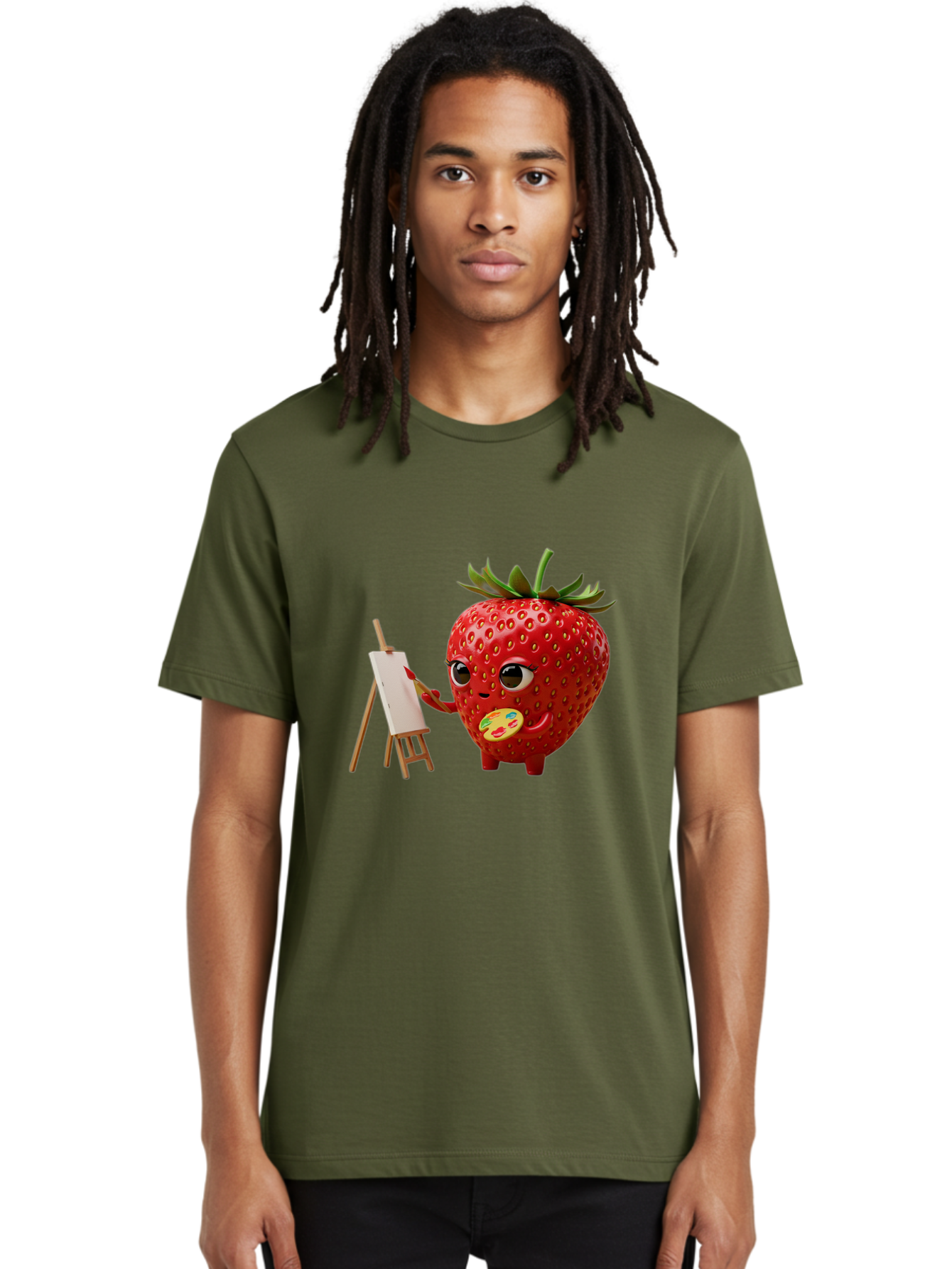 Strawberry-Painter Men'S Graphic Tee, 100% Cotton, Comfortable Casual Summer Wear, Machine Washable, Cartoon Strawberry Character, Painting On An Easel, Creative Art, Colorful Palette, Fruit Illustration, Vibrant Red Strawberry, Bac480