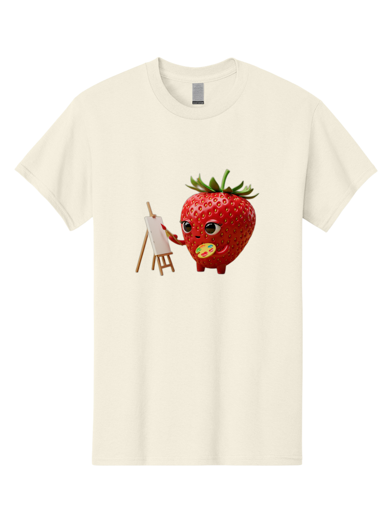 Strawberry-Painter Men'S Graphic Tee, 100% Cotton, Comfortable Casual Summer Wear, Machine Washable, Cartoon Strawberry Character, Painting On An Easel, Creative Art, Colorful Palette, Fruit Illustration, Vibrant Red Strawberry, Bac480