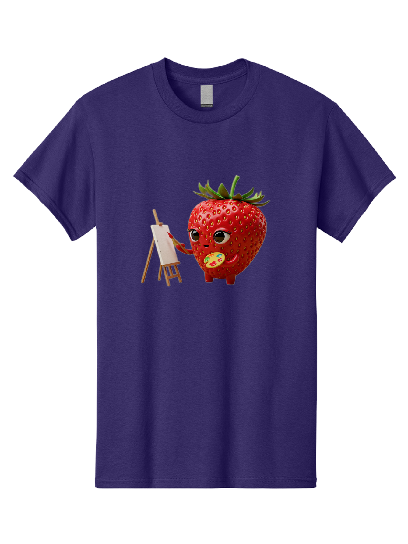 Strawberry-Painter Men'S Graphic Tee, 100% Cotton, Comfortable Casual Summer Wear, Machine Washable, Cartoon Strawberry Character, Painting On An Easel, Creative Art, Colorful Palette, Fruit Illustration, Vibrant Red Strawberry, Bac480
