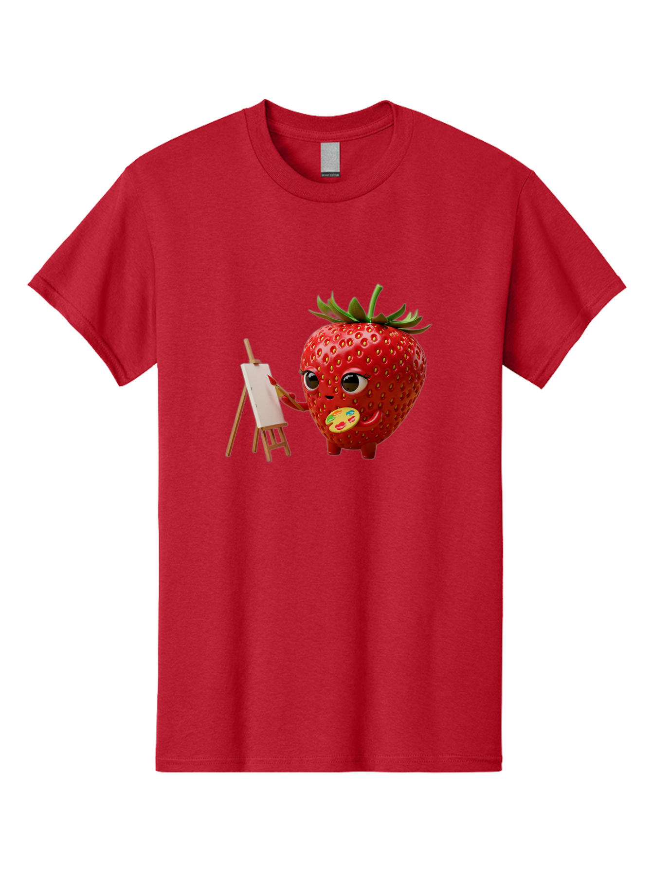 Strawberry-Painter Men'S Graphic Tee, 100% Cotton, Comfortable Casual Summer Wear, Machine Washable, Cartoon Strawberry Character, Painting On An Easel, Creative Art, Colorful Palette, Fruit Illustration, Vibrant Red Strawberry, Bac480
