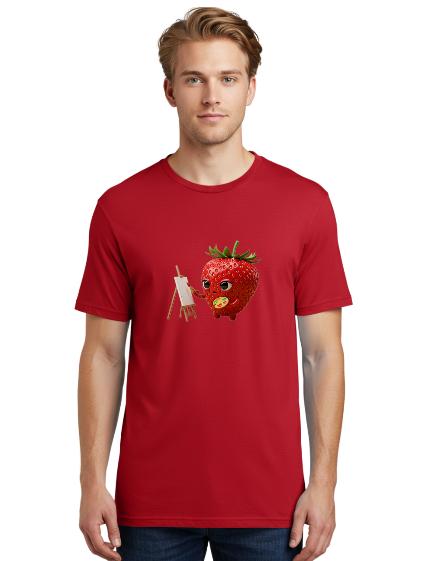 Strawberry-Painter Men'S Graphic Tee, 100% Cotton, Comfortable Casual Summer Wear, Machine Washable, Cartoon Strawberry Character, Painting On An Easel, Creative Art, Colorful Palette, Fruit Illustration, Vibrant Red Strawberry, Bac480