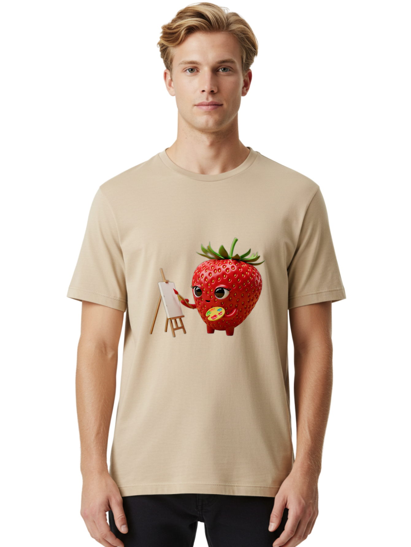 Strawberry-Painter Men'S Graphic Tee, 100% Cotton, Comfortable Casual Summer Wear, Machine Washable, Cartoon Strawberry Character, Painting On An Easel, Creative Art, Colorful Palette, Fruit Illustration, Vibrant Red Strawberry, Bac480