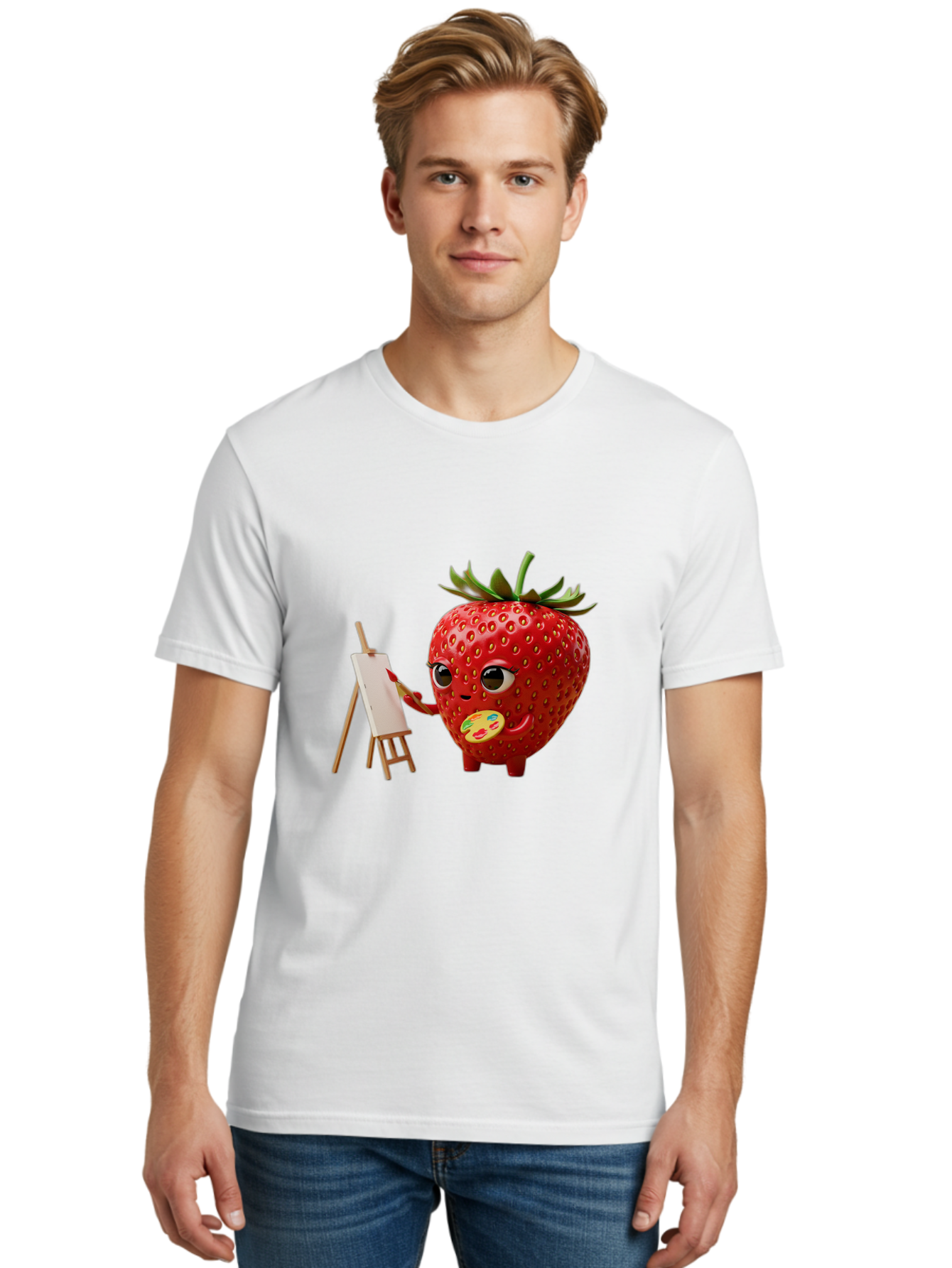 Strawberry-Painter Men'S Graphic Tee, 100% Cotton, Comfortable Casual Summer Wear, Machine Washable, Cartoon Strawberry Character, Painting On An Easel, Creative Art, Colorful Palette, Fruit Illustration, Vibrant Red Strawberry, Bac480