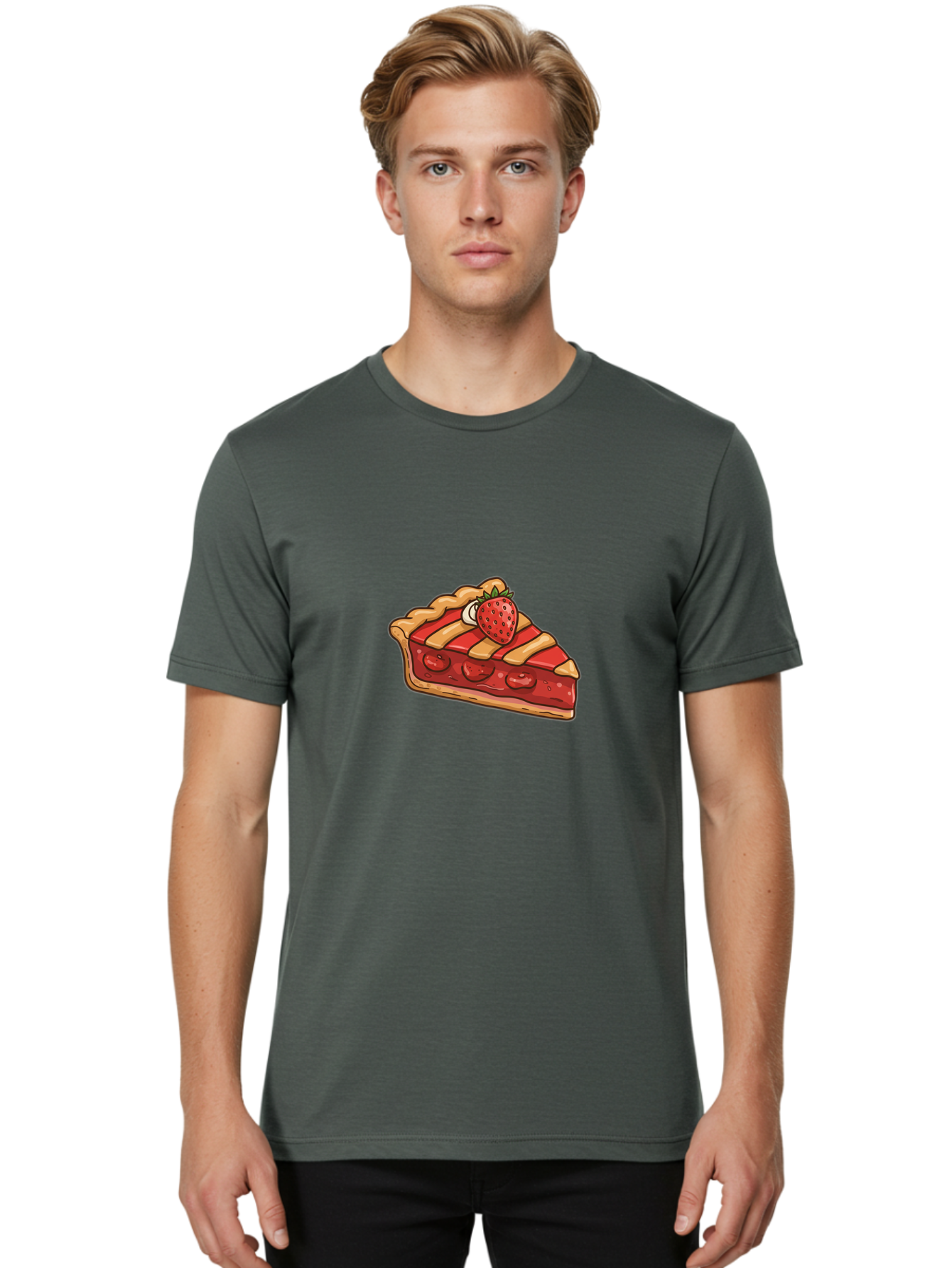 Strawberry-Pie-Slice Men'S Graphic Tee, 100% Cotton, Comfortable Casual Summer Wear, Machine Washable, Strawberry Pie, Sweet Treat, Dessert, Fruit Filling, Pastry Crust, Strawberry Topping, Sweet Strawberry, Baked Goods, Homemade Pie, Bac481