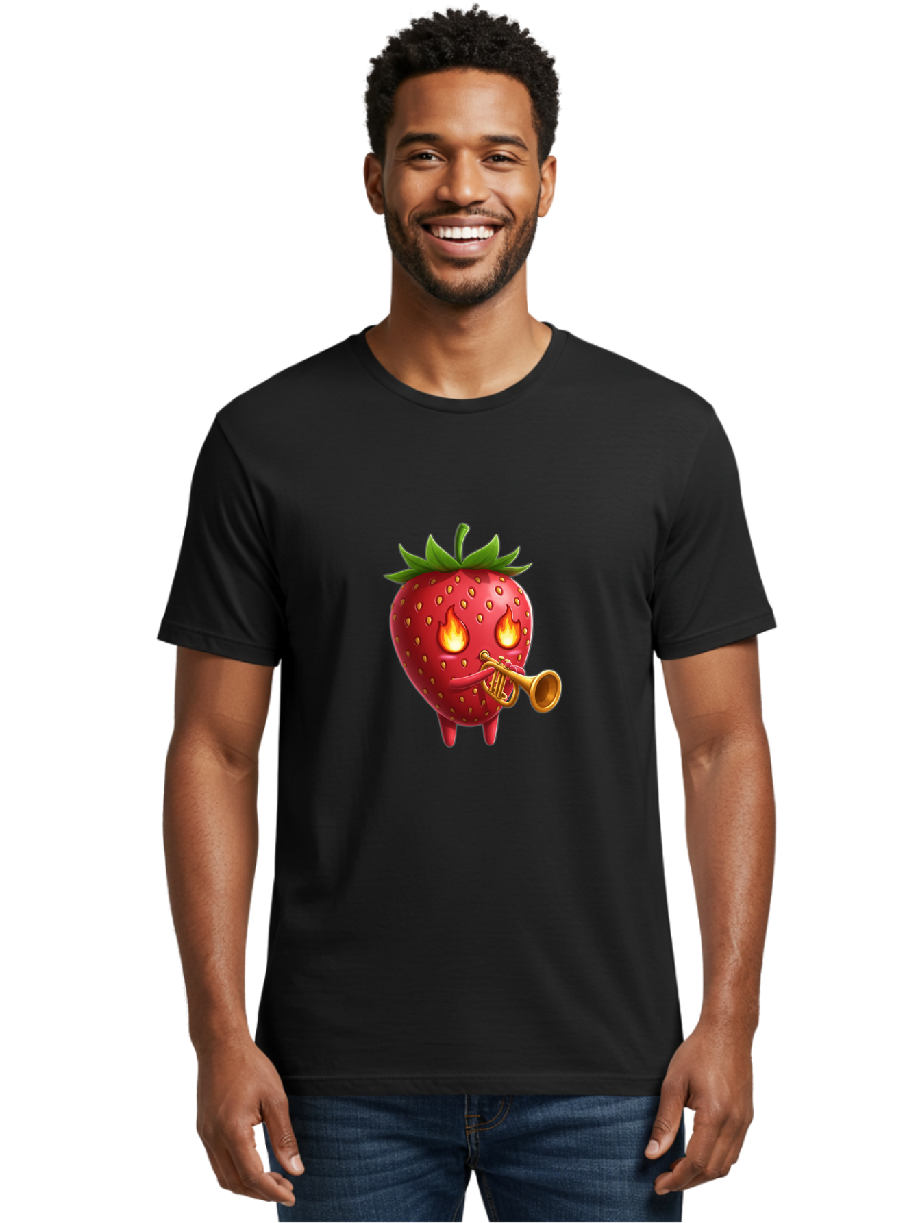 Strawberry-Playing-Trumpet Men'S Graphic Tee, 100% Cotton, Comfortable Casual Summer Wear, Machine Washable, Cartoon Strawberry, Playing Trumpet, Fire Eyes, Vibrant Red, Whimsical Character, Fun Illustration, Quirky Design, Humorous Art, Bac482