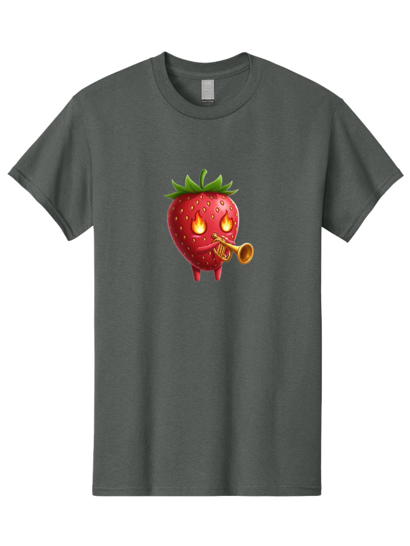 Strawberry-Playing-Trumpet Men'S Graphic Tee, 100% Cotton, Comfortable Casual Summer Wear, Machine Washable, Cartoon Strawberry, Playing Trumpet, Fire Eyes, Vibrant Red, Whimsical Character, Fun Illustration, Quirky Design, Humorous Art, Bac482