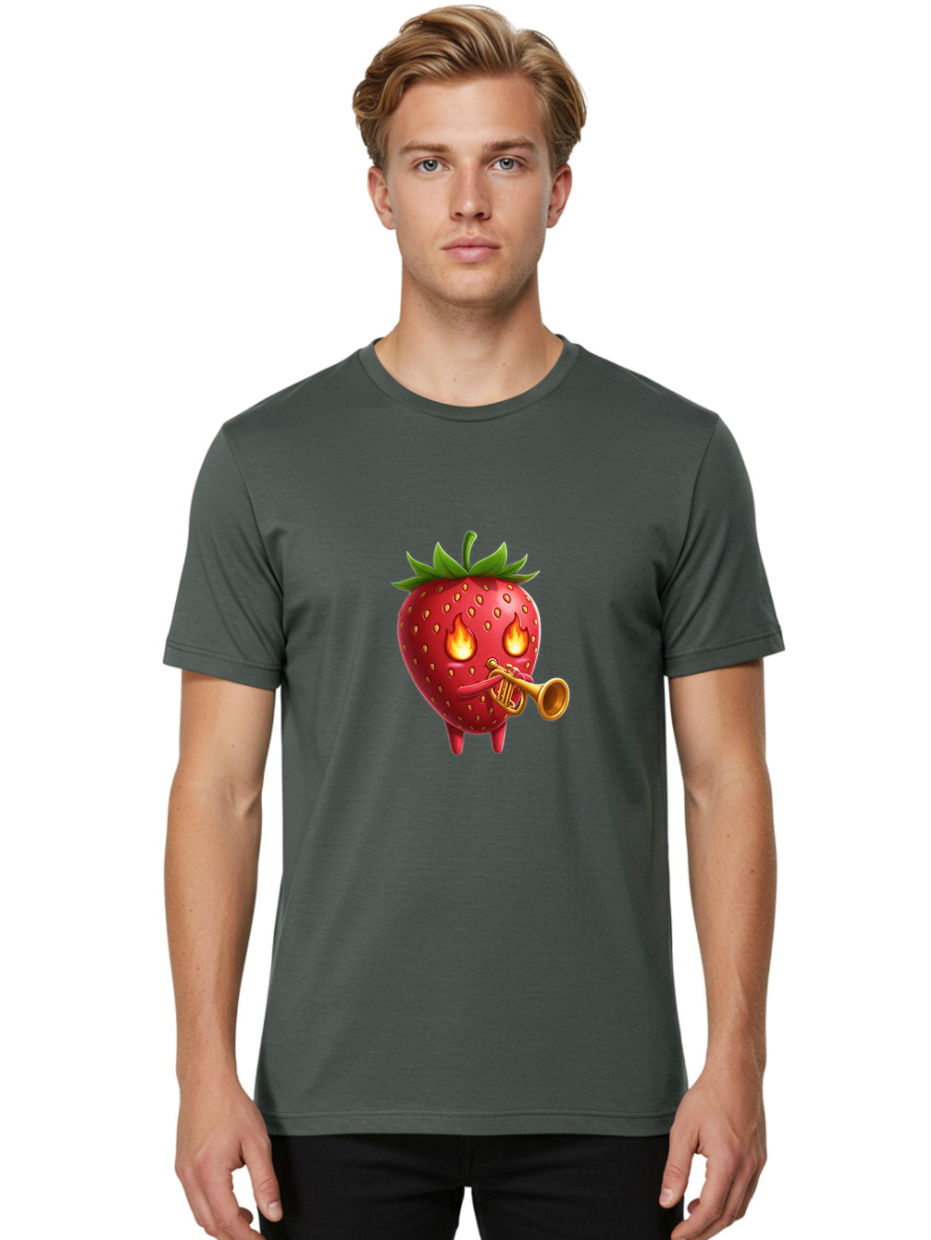 Strawberry-Playing-Trumpet Men'S Graphic Tee, 100% Cotton, Comfortable Casual Summer Wear, Machine Washable, Cartoon Strawberry, Playing Trumpet, Fire Eyes, Vibrant Red, Whimsical Character, Fun Illustration, Quirky Design, Humorous Art, Bac482