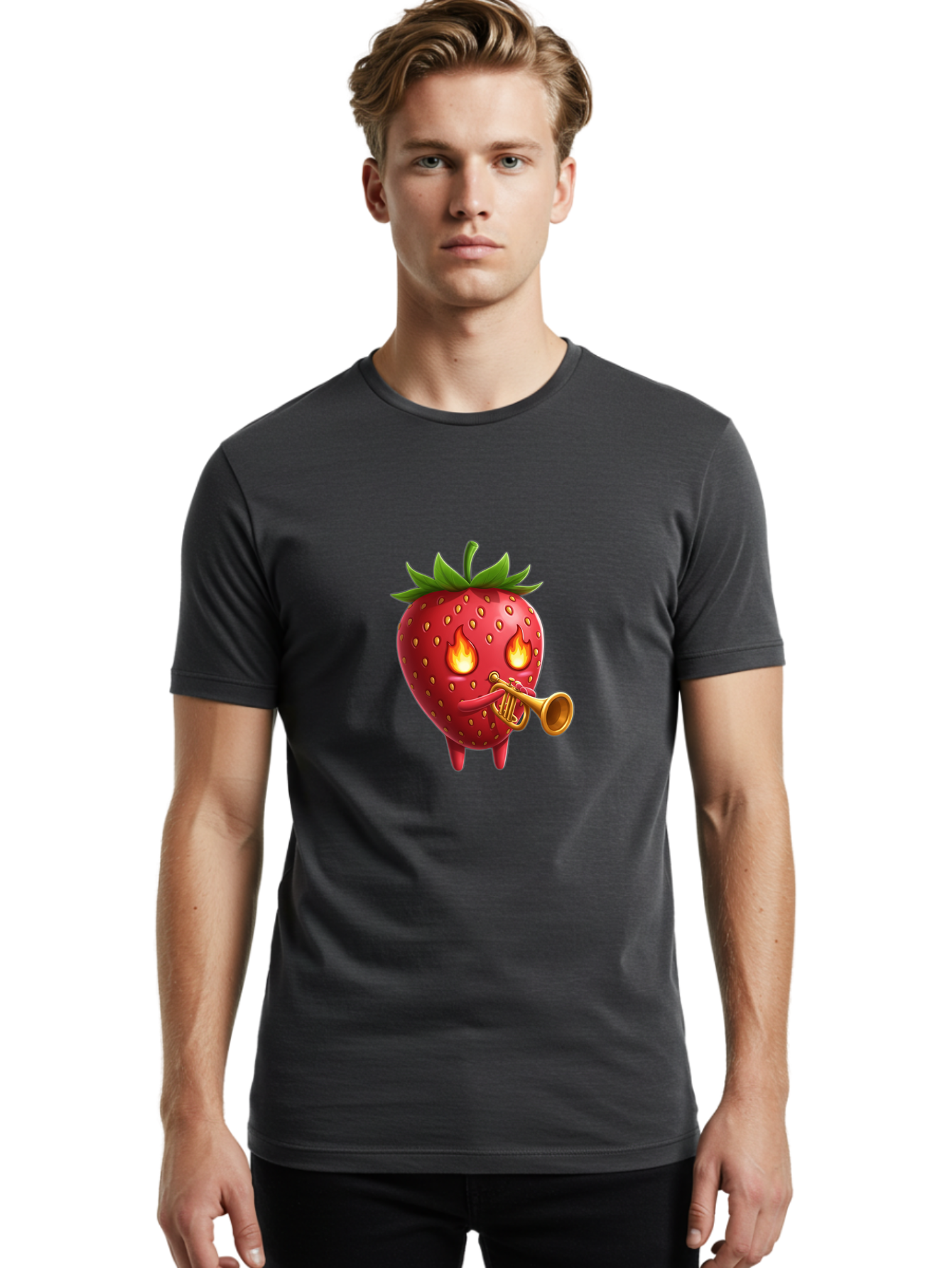 Strawberry-Playing-Trumpet Men'S Graphic Tee, 100% Cotton, Comfortable Casual Summer Wear, Machine Washable, Cartoon Strawberry, Playing Trumpet, Fire Eyes, Vibrant Red, Whimsical Character, Fun Illustration, Quirky Design, Humorous Art, Bac482