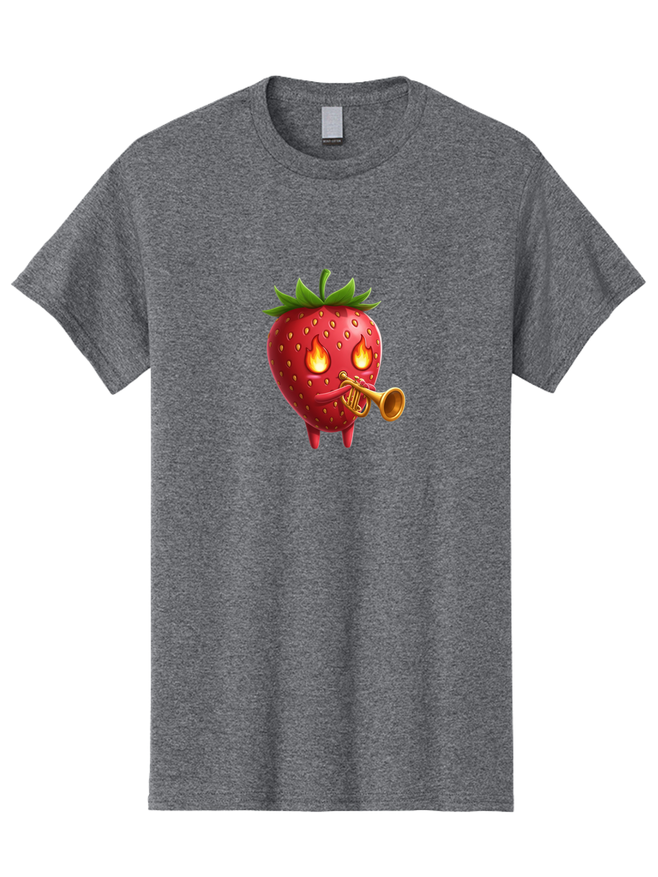 Strawberry-Playing-Trumpet Men'S Graphic Tee, 100% Cotton, Comfortable Casual Summer Wear, Machine Washable, Cartoon Strawberry, Playing Trumpet, Fire Eyes, Vibrant Red, Whimsical Character, Fun Illustration, Quirky Design, Humorous Art, Bac482