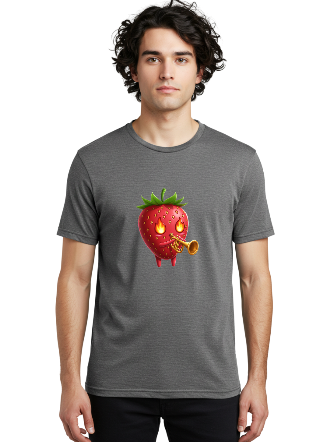 Strawberry-Playing-Trumpet Men'S Graphic Tee, 100% Cotton, Comfortable Casual Summer Wear, Machine Washable, Cartoon Strawberry, Playing Trumpet, Fire Eyes, Vibrant Red, Whimsical Character, Fun Illustration, Quirky Design, Humorous Art, Bac482