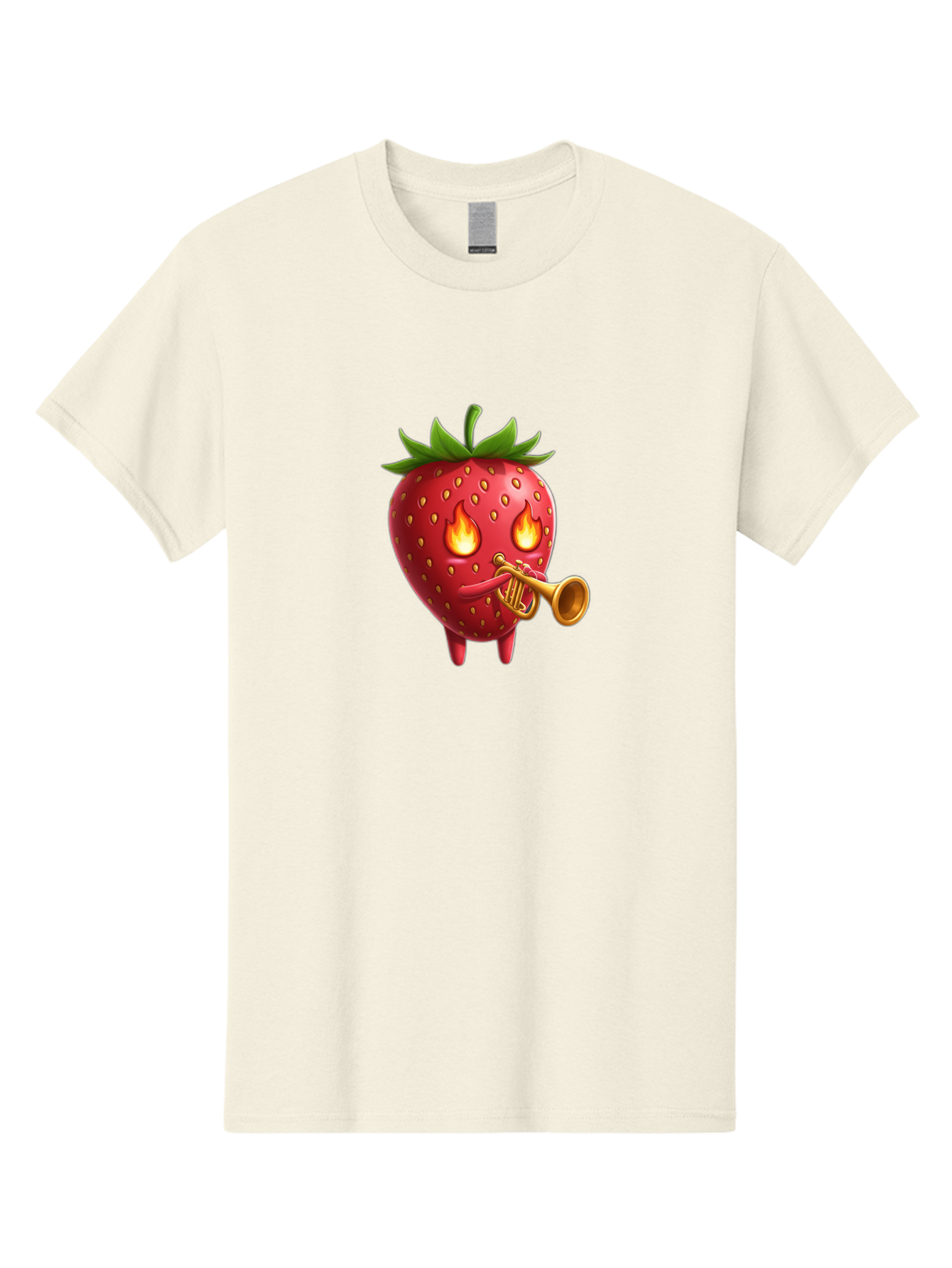 Strawberry-Playing-Trumpet Men'S Graphic Tee, 100% Cotton, Comfortable Casual Summer Wear, Machine Washable, Cartoon Strawberry, Playing Trumpet, Fire Eyes, Vibrant Red, Whimsical Character, Fun Illustration, Quirky Design, Humorous Art, Bac482