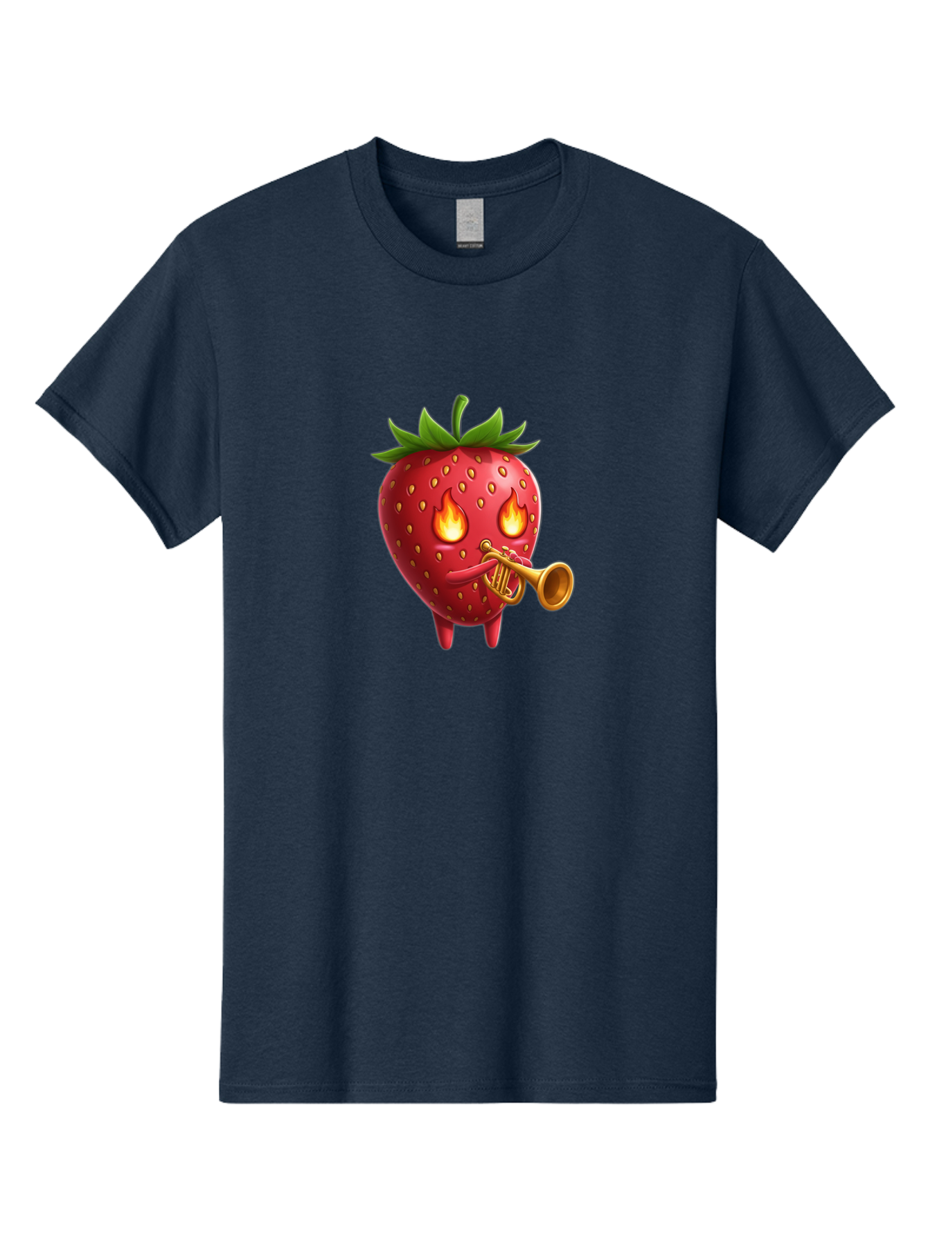 Strawberry-Playing-Trumpet Men'S Graphic Tee, 100% Cotton, Comfortable Casual Summer Wear, Machine Washable, Cartoon Strawberry, Playing Trumpet, Fire Eyes, Vibrant Red, Whimsical Character, Fun Illustration, Quirky Design, Humorous Art, Bac482