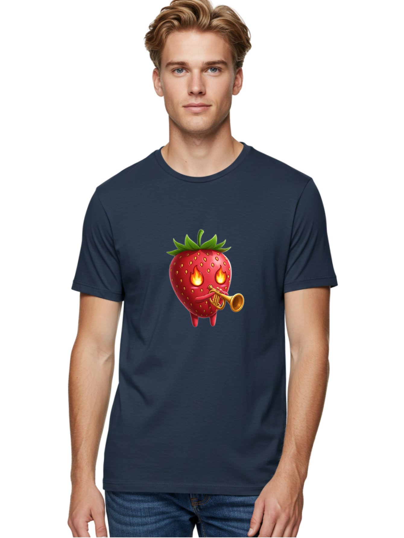 Strawberry-Playing-Trumpet Men'S Graphic Tee, 100% Cotton, Comfortable Casual Summer Wear, Machine Washable, Cartoon Strawberry, Playing Trumpet, Fire Eyes, Vibrant Red, Whimsical Character, Fun Illustration, Quirky Design, Humorous Art, Bac482