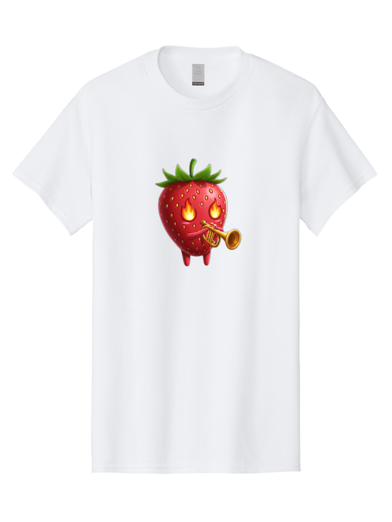 Strawberry-Playing-Trumpet Men'S Graphic Tee, 100% Cotton, Comfortable Casual Summer Wear, Machine Washable, Cartoon Strawberry, Playing Trumpet, Fire Eyes, Vibrant Red, Whimsical Character, Fun Illustration, Quirky Design, Humorous Art, Bac482