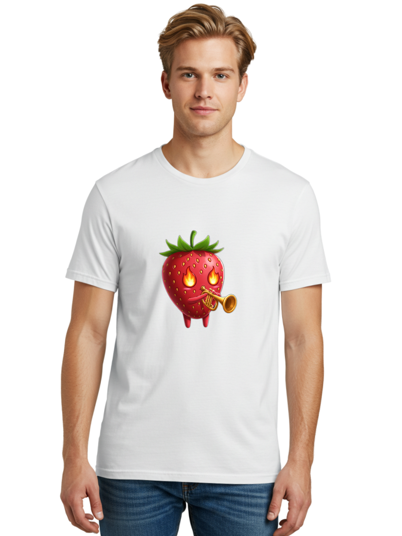 Strawberry-Playing-Trumpet Men'S Graphic Tee, 100% Cotton, Comfortable Casual Summer Wear, Machine Washable, Cartoon Strawberry, Playing Trumpet, Fire Eyes, Vibrant Red, Whimsical Character, Fun Illustration, Quirky Design, Humorous Art, Bac482